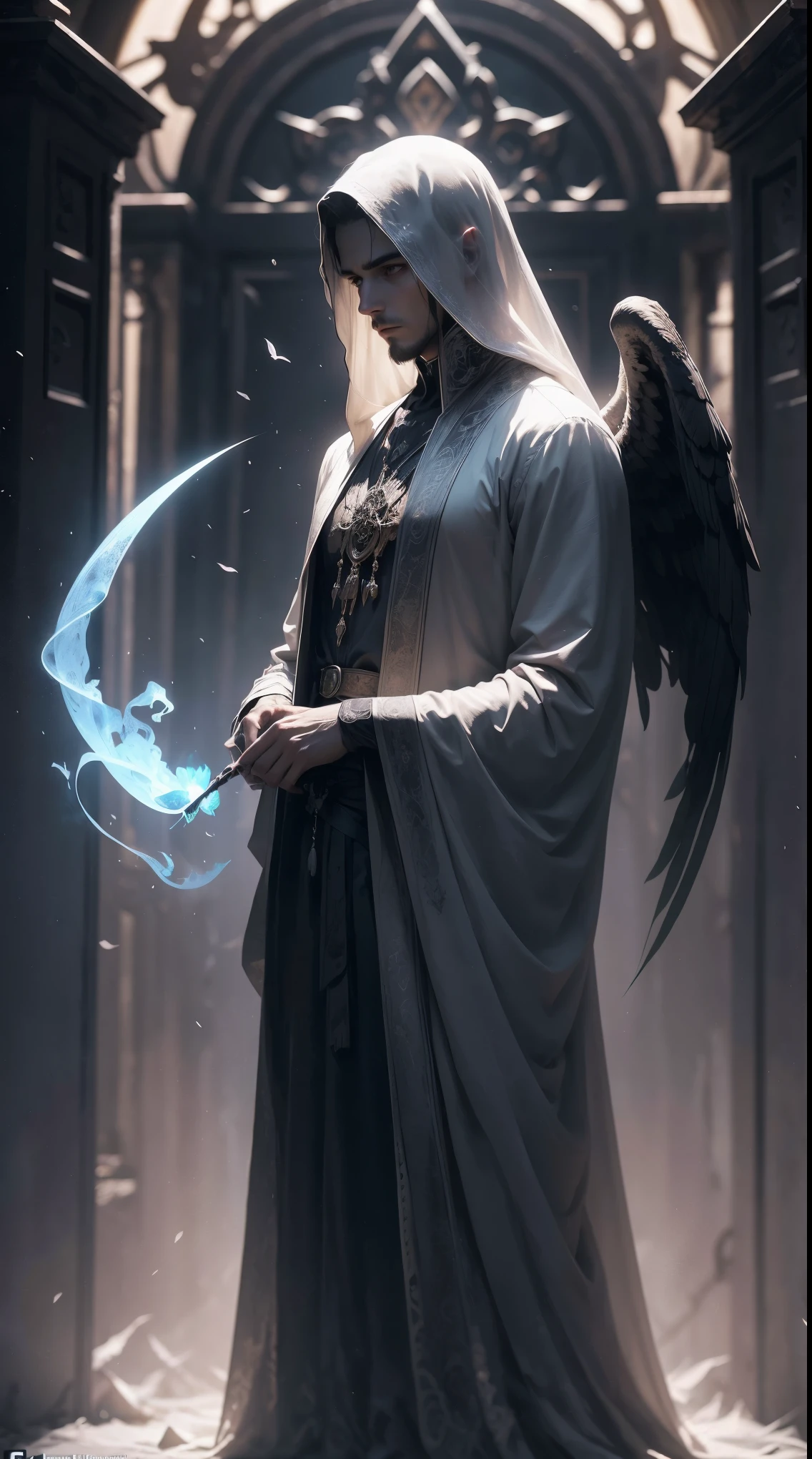 Striking illustration of the Angel of Death., A mysterious and ethereal figure who guards the threshold between life and death.. His presence is enigmatic and powerful...., con alas inmensas que se extienden hacia el horizonte y una mirada penetrante que transmite serenidad y temor. He uses cool tones and deep shadows to emphasize his ethereal nature and his connection to the realm of death......(dark lighting), ( ethereal lighting),(Spectral illumination)