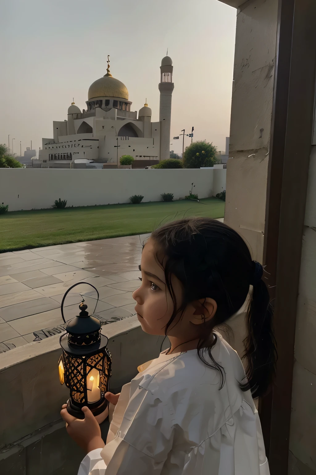 A photo of a wearing prayer clothes and holding a Ramadan lantern, She has black hair., Her eyes are black, Behind her on the horizon is an image of a large mosque in the distance, Alaa's name appears behind the mosque, Below the picture appears the word Ramadan Kareem.