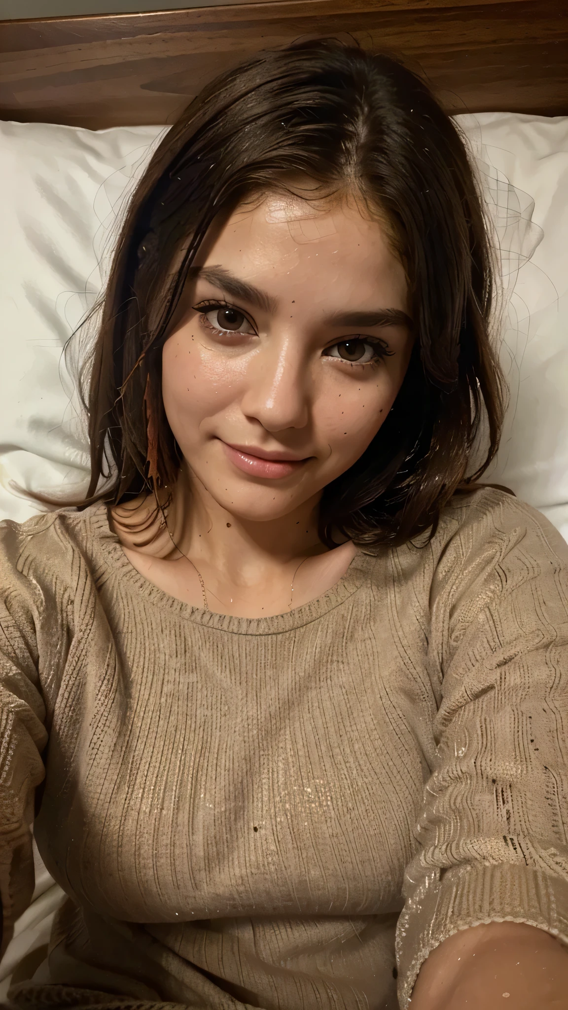 (best quality,ultra HD,realistic:1.2),pretty woman, brown sweater,smirking,lying in bed, wet hair, selfie POV,ultra-detailed,vivid colors
