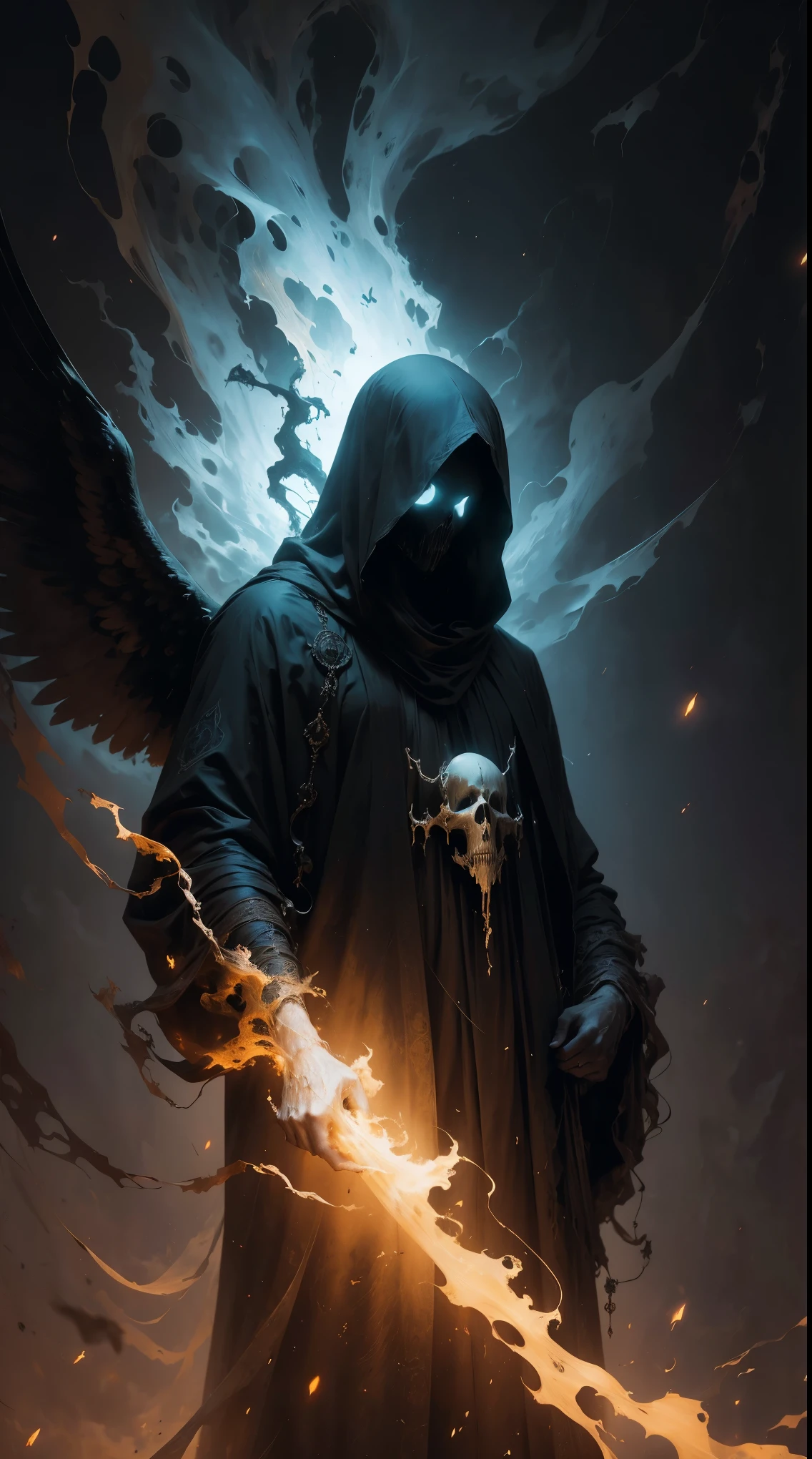 Striking illustration of the Angel of Death., A mysterious and ethereal figure who guards the threshold between life and death.. His presence is enigmatic and powerful...., con alas inmensas que se extienden hacia el horizonte y una mirada penetrante que transmite serenidad y temor. He uses cool tones and deep shadows to emphasize his ethereal nature and his connection to the realm of death......(dark lighting), ( ethereal lighting),(Spectral illumination)
