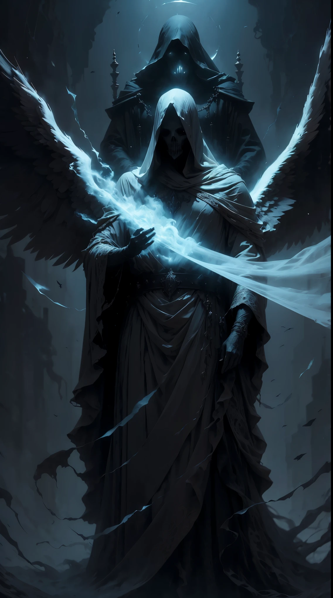 Striking illustration of the Angel of Death., A mysterious and ethereal figure who guards the threshold between life and death.. His presence is enigmatic and powerful...., con alas inmensas que se extienden hacia el horizonte y una mirada penetrante que transmite serenidad y temor. He uses cool tones and deep shadows to emphasize his ethereal nature and his connection to the realm of death......(dark lighting), ( ethereal lighting),(Spectral illumination)