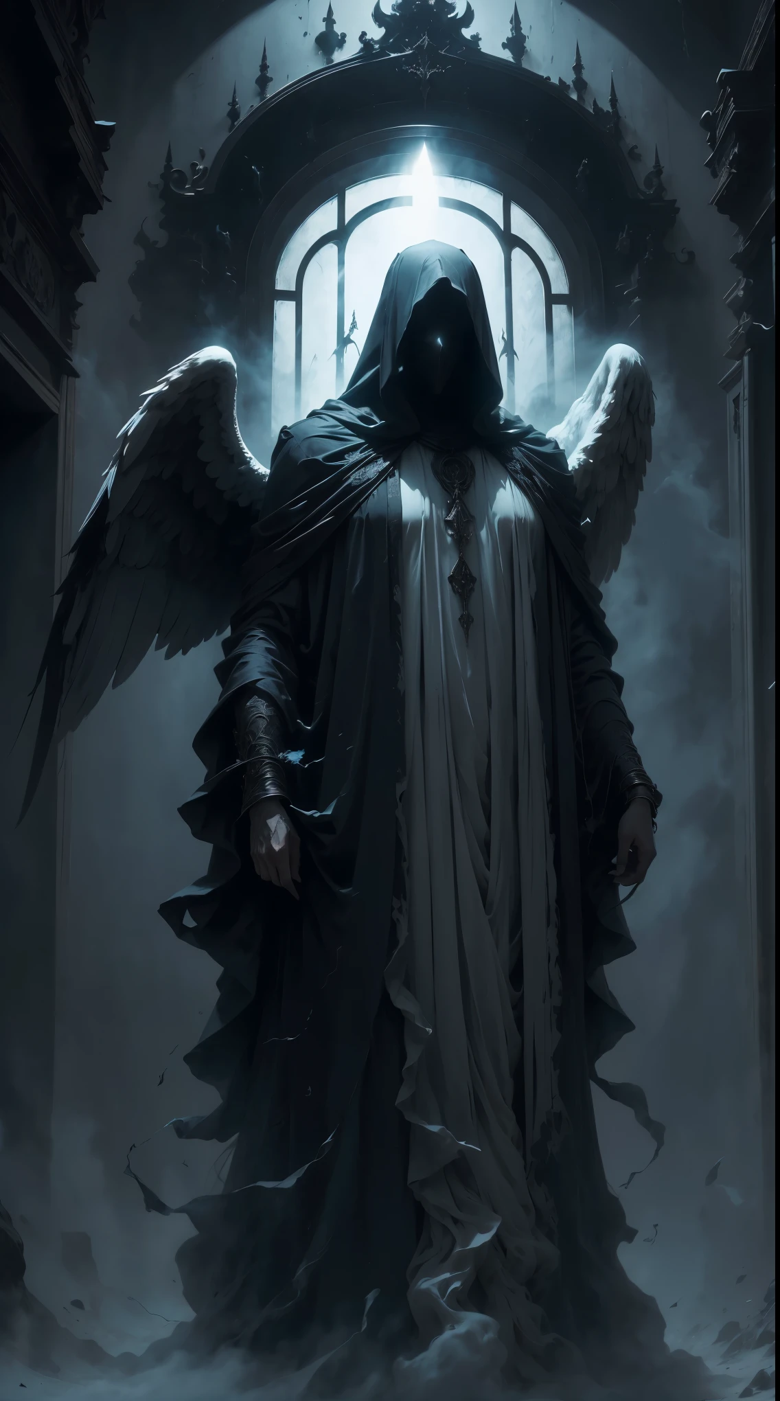 Striking illustration of the Angel of Death., A mysterious and ethereal figure who guards the threshold between life and death.. His presence is enigmatic and powerful...., con alas inmensas que se extienden hacia el horizonte y una mirada penetrante que transmite serenidad y temor. He uses cool tones and deep shadows to emphasize his ethereal nature and his connection to the realm of death......(dark lighting), ( ethereal lighting),(Spectral illumination)