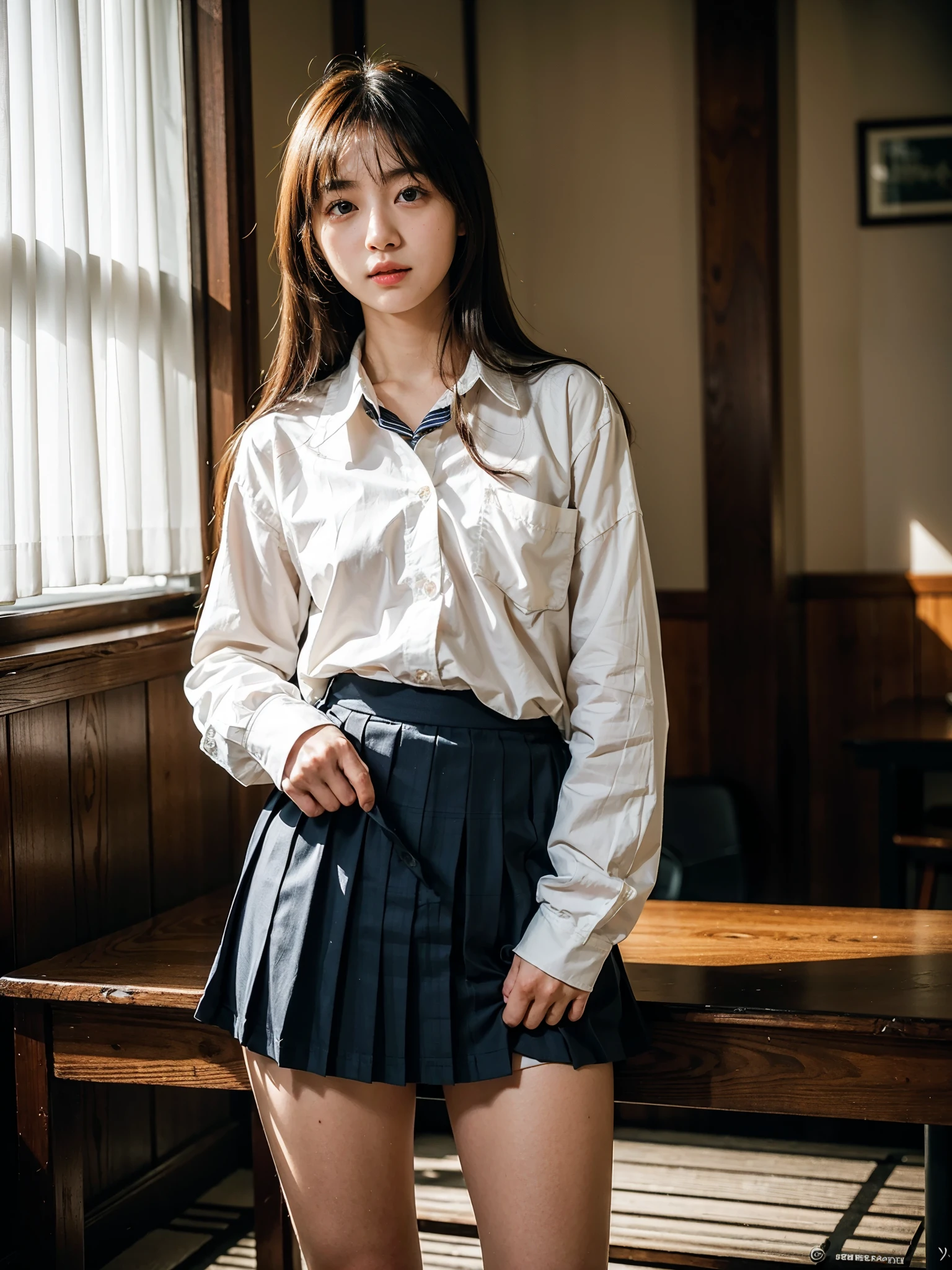 ((long hair))、Ulchan-6500-v1.1, (RAW photo:1.2), (realistic:1.4), beautiful detailed girl, very detailed eyes and face, beautiful and detailed eyes, that&#39;ridiculous, 信じられないほどridiculous., huge file size, very detailed, High resolution, very detailed, highest quality,  ((japanese girl&#39; high school uniform)), shape, very detailed, bop, integration, 8k wallpaper, wonderful, small details, table top, highest quality, very detailedYTDユニフォーム8k壁紙, light shines on your face, cinematic lighting, 1 girl, 16 years old, ((dynamic pose))), (standing posture), (pubic hair)