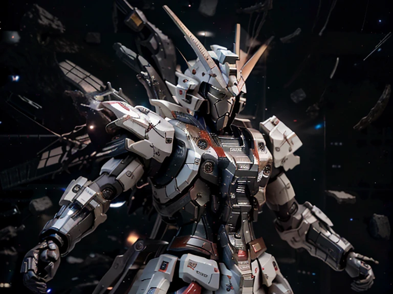 X20A Strike Freedom Gundam , heavy damage on the space, broken arms, broken leg, just head and body, realistic picture, fainted. Dark space background