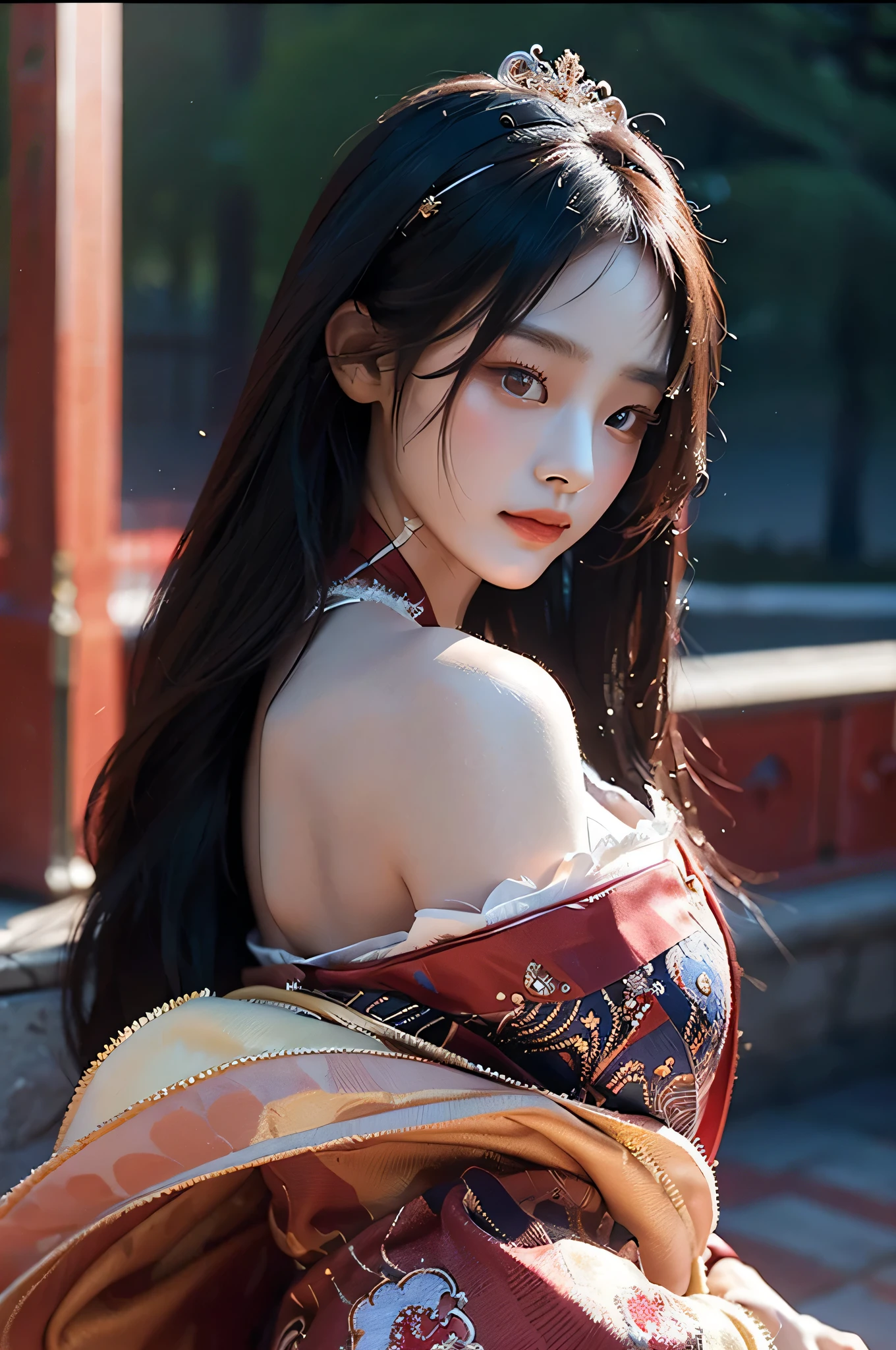 (highest image quality), (masterpiece), (vibrant, photography realistic, Realistic, Dramatic, Dark, Sharp focus, 8K), Close up Face, Highly detailed face and skin texture, wearing red korean king traditional outfit, ethereal beauty, mature asian woman,black long hair, make up, sexy smile, nsfw ,Close up shot, ((backlight))