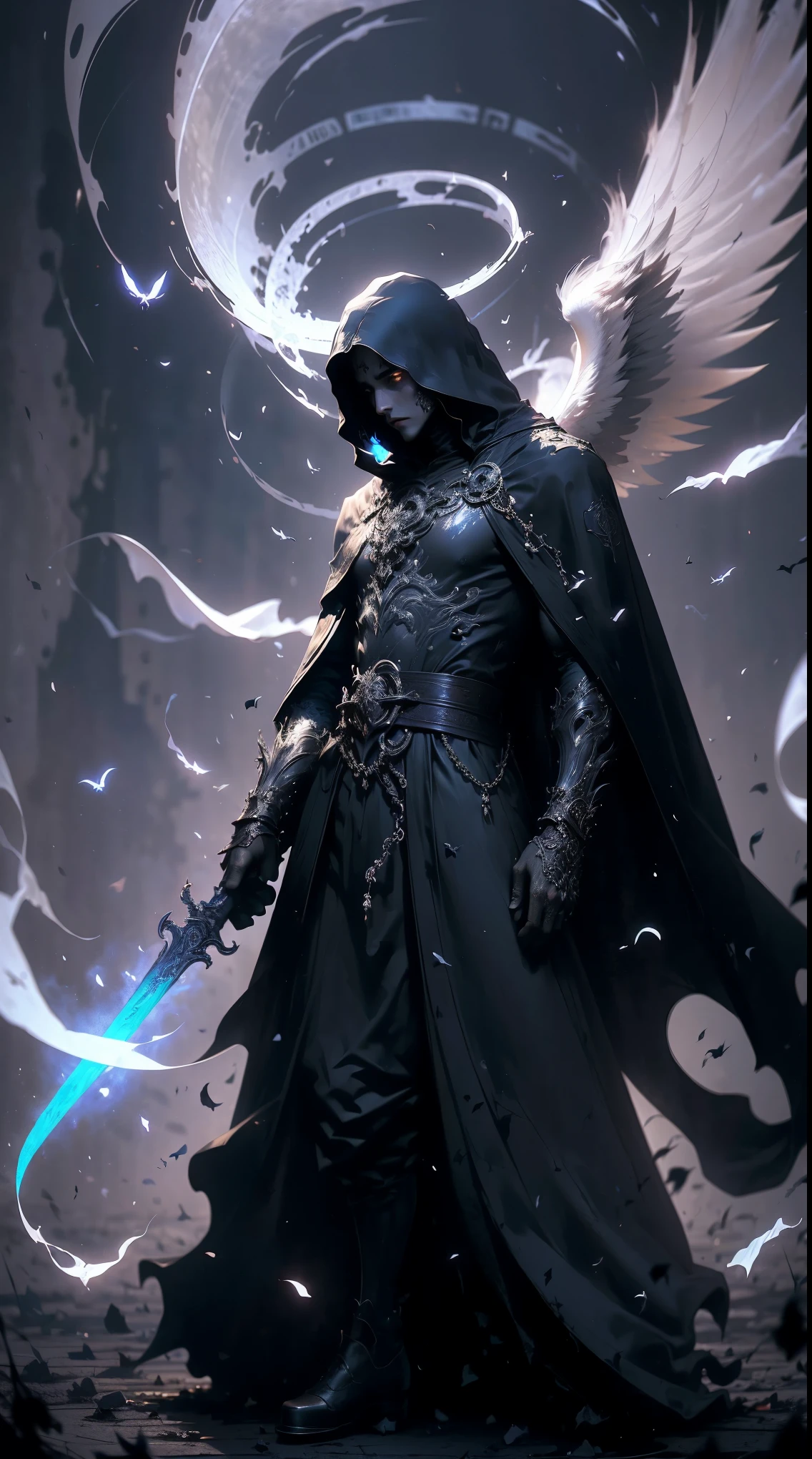 Striking illustration of the Angel of Death., A mysterious and ethereal figure who guards the threshold between life and death.. His presence is enigmatic and powerful...., con alas inmensas que se extienden hacia el horizonte y una mirada penetrante que transmite serenidad y temor. He uses cool tones and deep shadows to emphasize his ethereal nature and his connection to the realm of death......(dark lighting), ( ethereal lighting),(Spectral illumination)