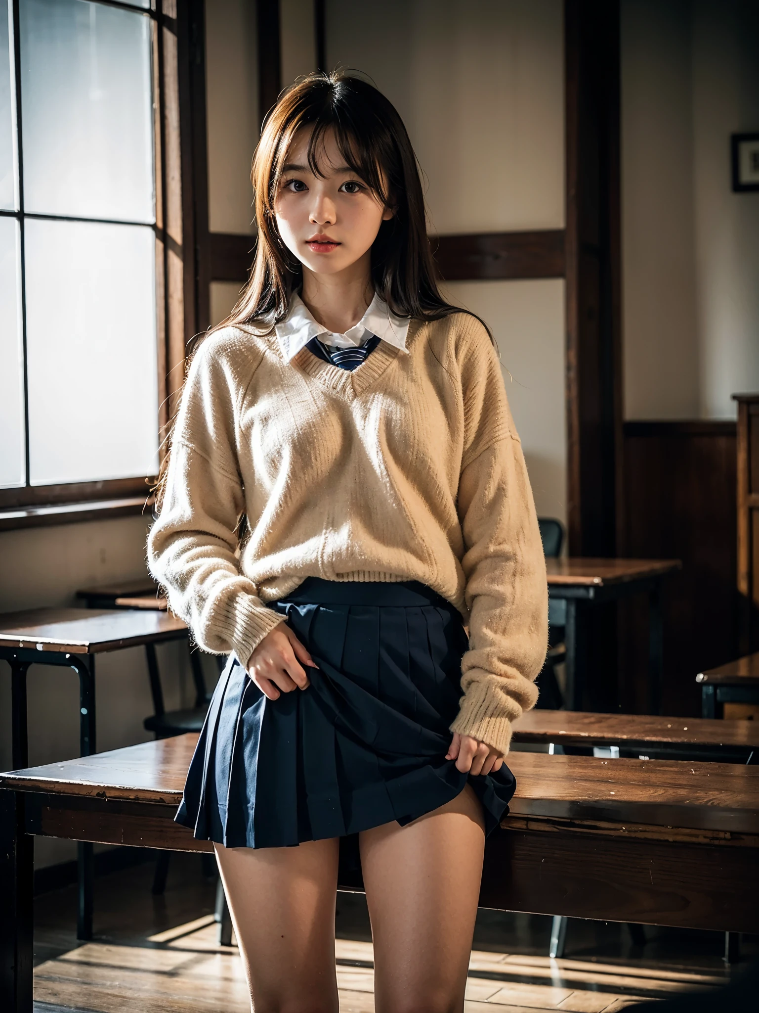 ((​masterpiece)),((Top image quality)),absurdres, 1girl, 1boy, Crouch cowgirl, Gonzo, student clothes, (‎Classroom:1.1), sunlights, (Semi-closed eyes:0.4), (Open lips:1.4 ）、（Nasal blush：1.2）、A pleasant smile、