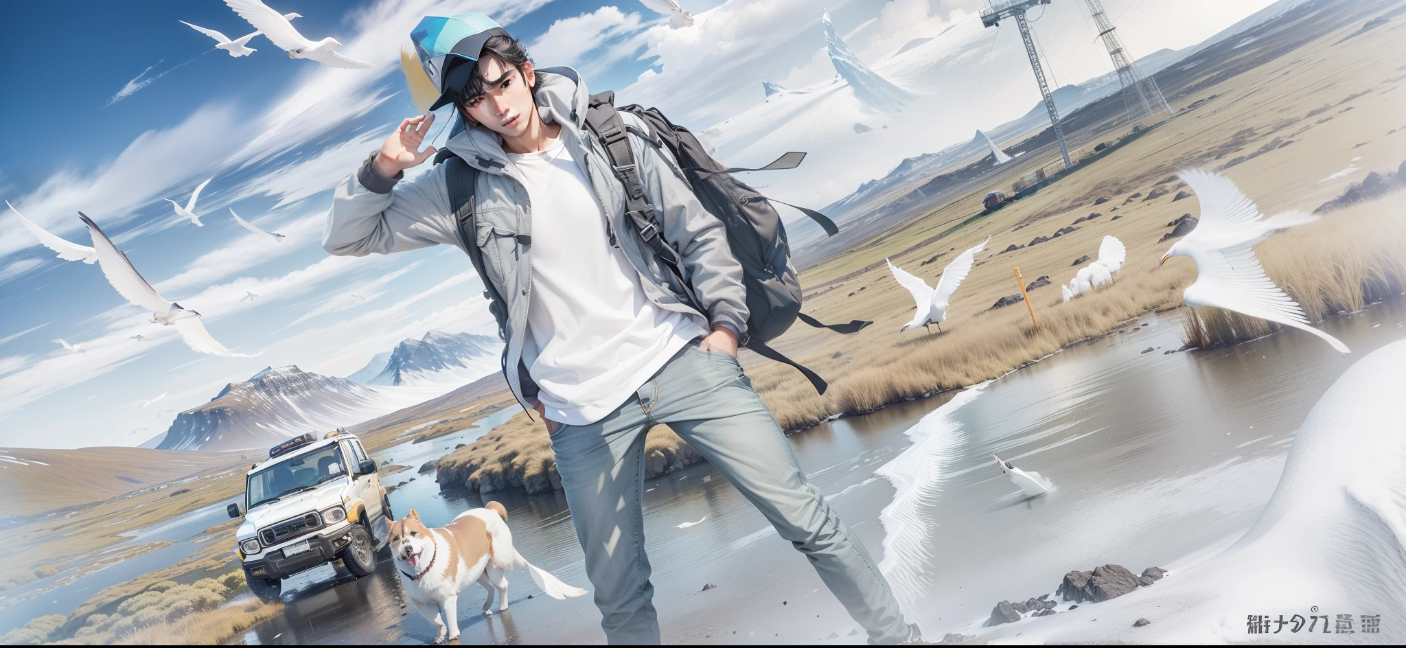 Highest image quality、detailed pictures、reality、male、good looking、sharp look、black hair、carrying a backpack、holding the cap with raised hand、The scenery is amazing in Iceland、the way、colorful, behind the background1The Jimny on the stand is stopped.