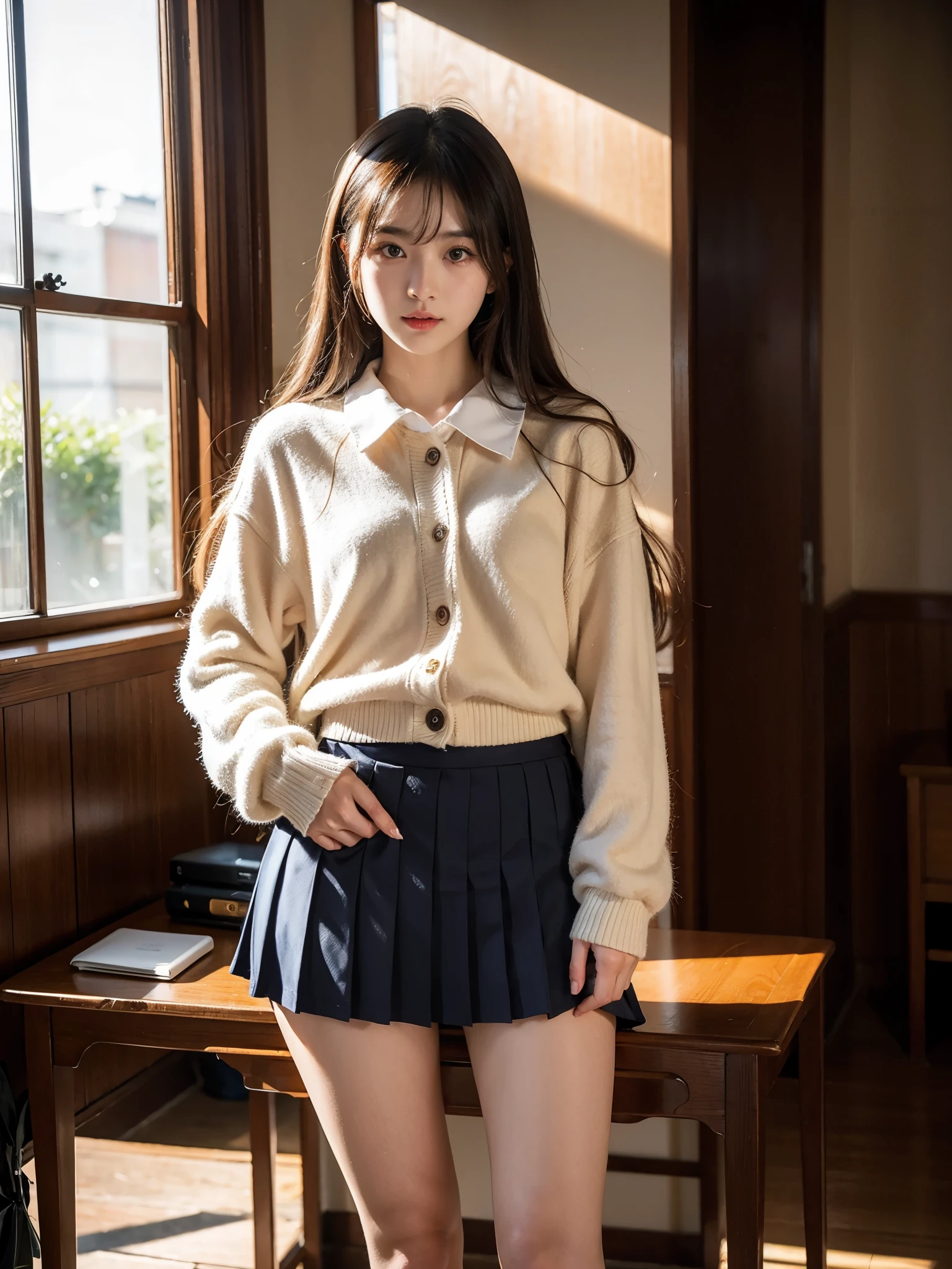 ((long hair))、Ulchan-6500-v1.1, (RAW photo:1.2), (realistic:1.4), beautiful detailed girl, very detailed eyes and face, beautiful and detailed eyes, that&#39;ridiculous, 信じられないほどridiculous., huge file size, very detailed, High resolution, very detailed, highest quality,  ((japanese girl&#39; high school uniform)), shape, very detailed, bop, integration, 8k wallpaper, wonderful, small details, table top, highest quality, very detailedYTDユニフォーム8k壁紙, light shines on your face, cinematic lighting, 1 girl, , ((dynamic pose))), (standing posture), (pubic hair)