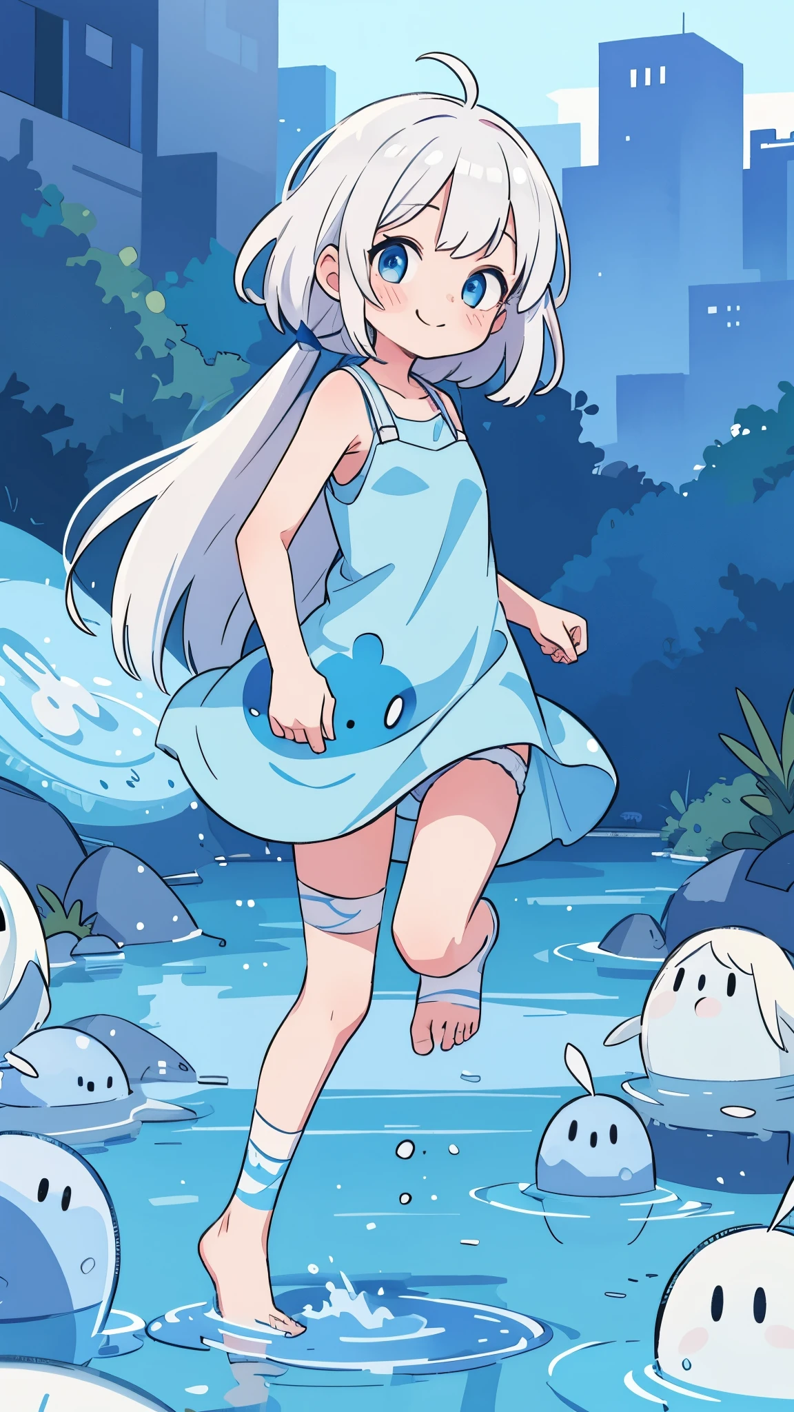 girl, fitting dress, panties visible, embarrassed, smiling, leg in bandages, fantastic landscape, runs, White hair, Blue eyes, blue slime in the background, panties down