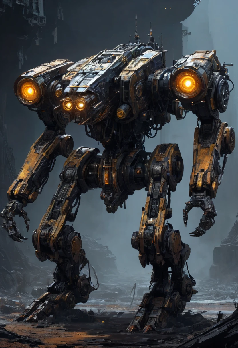 Abandoned Mech, dark theme, dark fantasy concept art, by mooncryptowow and tim_white and Chris_Foss and John_Harris, best quality, masterpiece, Representative work, official art, Professional, Ultra intricate detailed, 8k