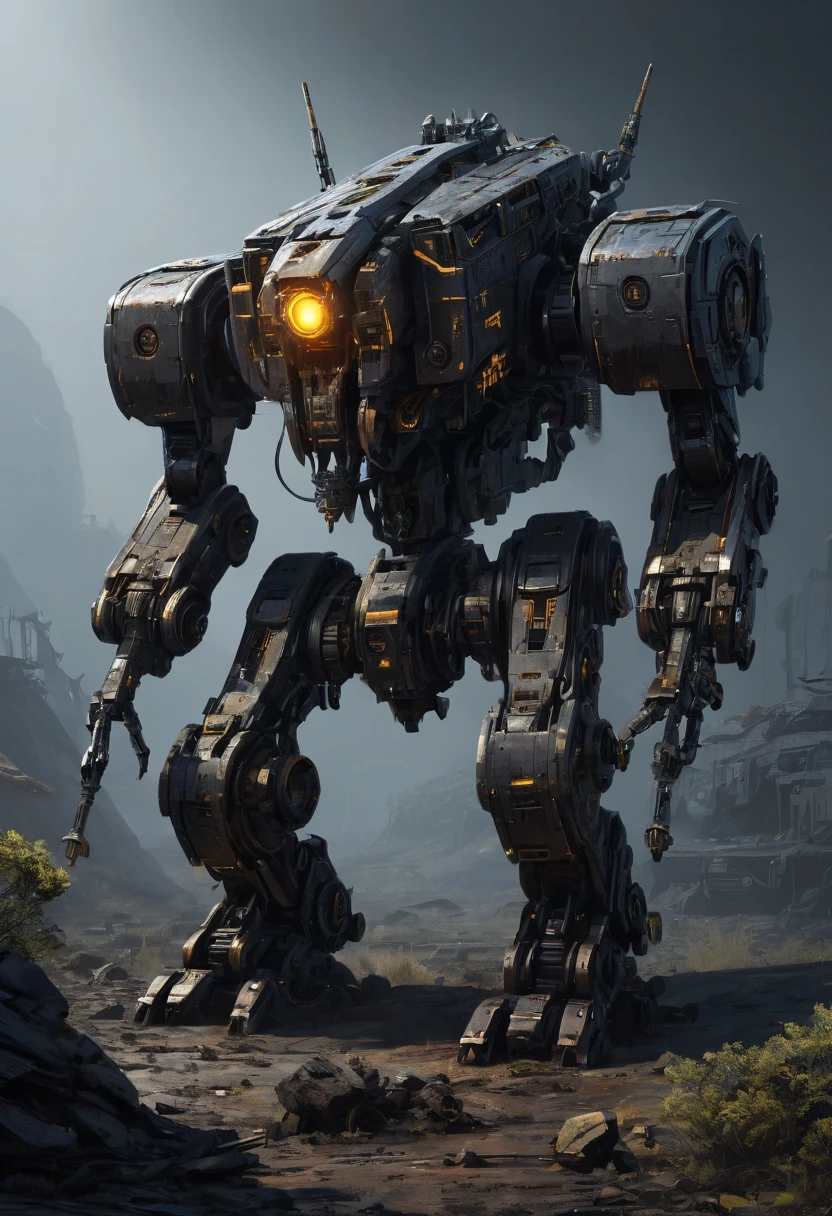 Abandoned Mech, dark theme, dark fantasy concept art, by mooncryptowow and tim_white and Chris_Foss and John_Harris, best quality, masterpiece, Representative work, official art, Professional, Ultra intricate detailed, 8k