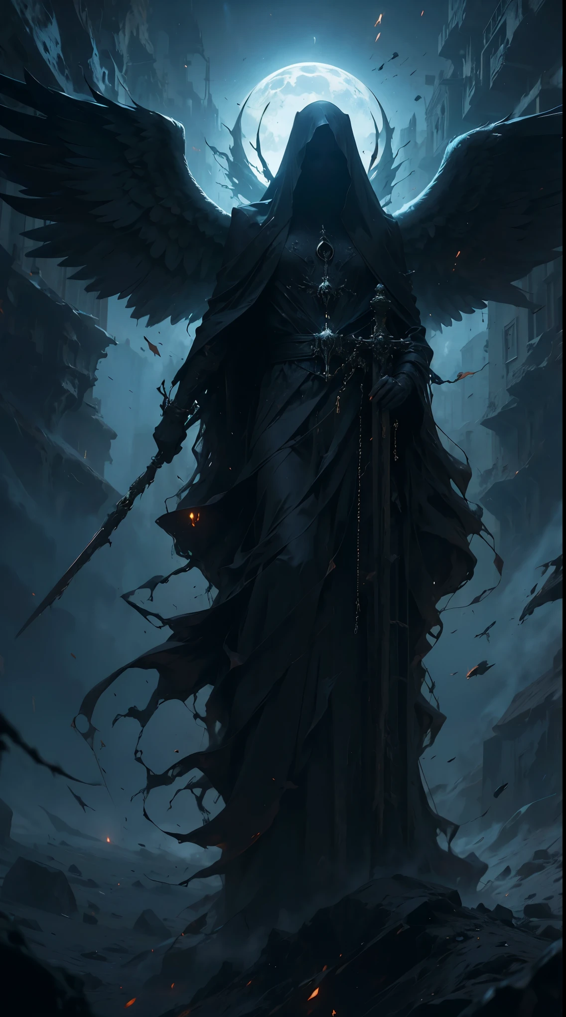 Striking illustration of the Angel of Death., A mysterious and ethereal figure who guards the threshold between life and death.. His presence is enigmatic and powerful...., con alas inmensas que se extienden hacia el horizonte y una mirada penetrante que transmite serenidad y temor. He uses cool tones and deep shadows to emphasize his ethereal nature and his connection to the realm of death......(dark lighting), ( ethereal lighting),(Spectral illumination)
