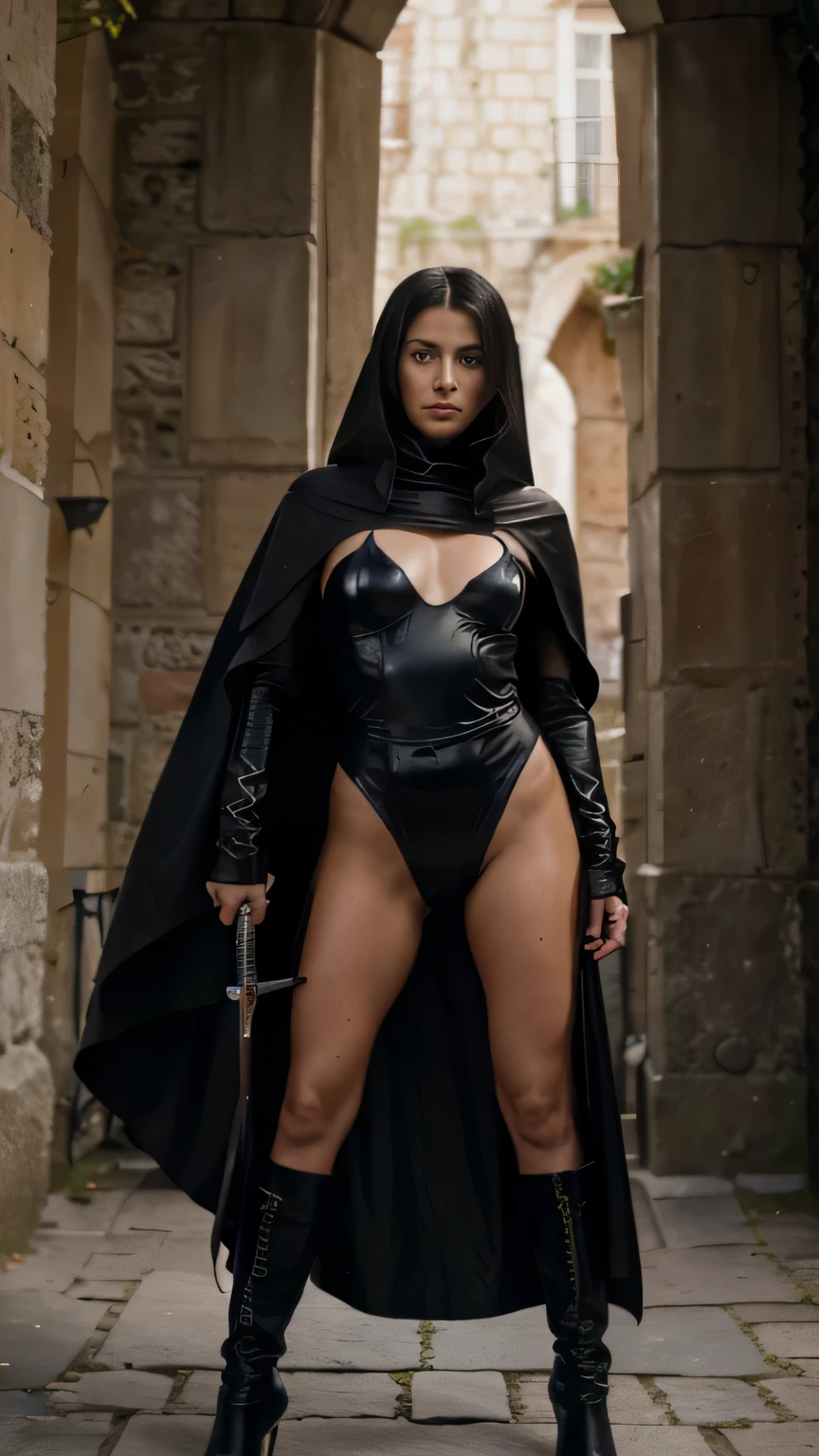 high resolution medium shot, photo of Sensual Sweaty italian female lady of the castle, wearing only a complety open and sensual large black cloth cloak, long shiny black leather boots, defending himself with a great sword, (look at viewer:1.0) (skin texture), Fujifilm XT3, DSLR, 50mm,