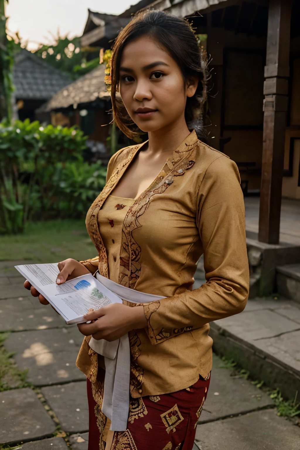 full body shot of (abbie_cornish:0.6) indonesian daughter wearing a kebaya in a rustic village,face incredibly detailed, lips, realistic, solo,medium breasts,skin tight, puffy , facial, masterpiece,best quality, Intricate, High Detail, dramatic, holding a brochure showing to viewer with one hand on A5 paper size who appears to be offering something, front view