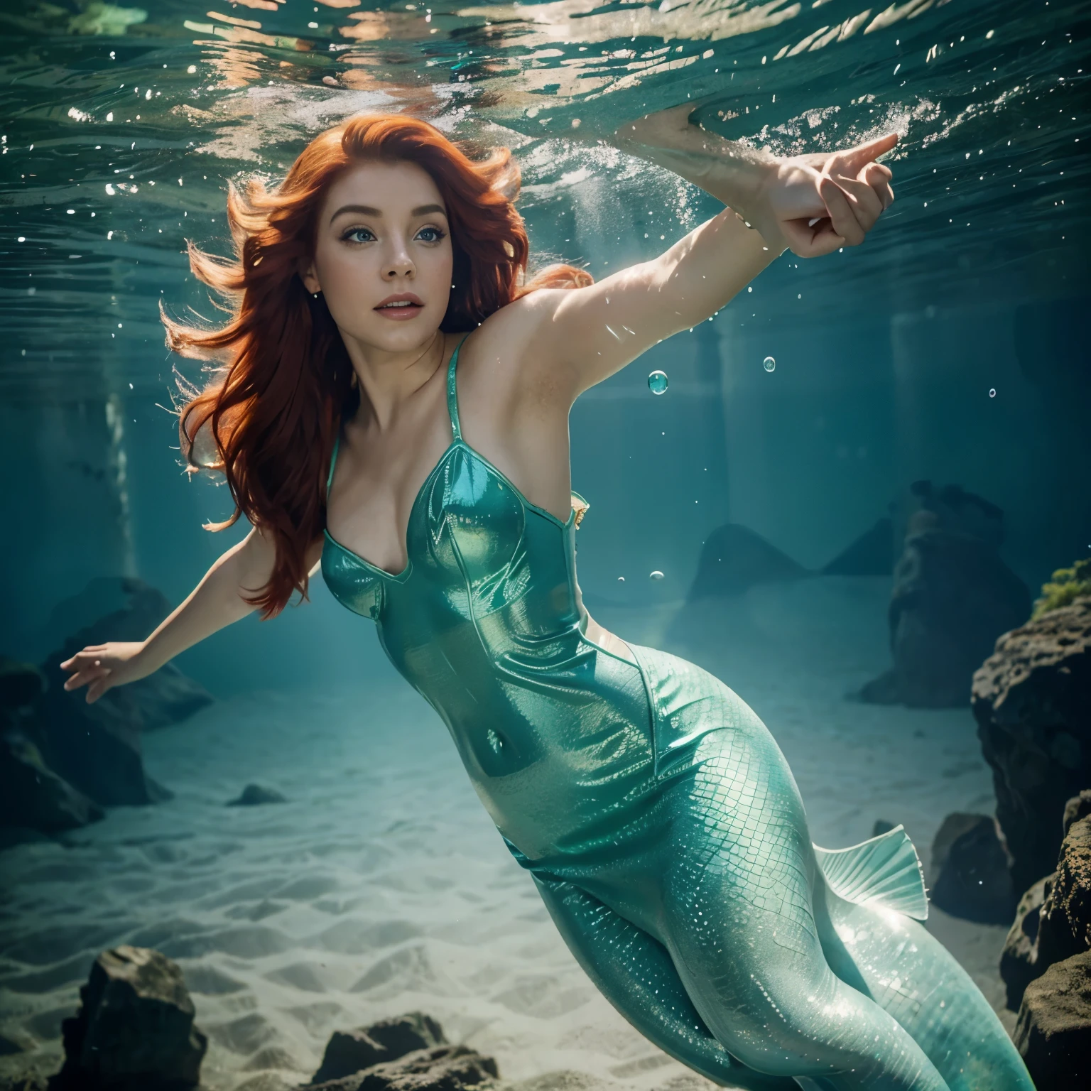 Princess mermaid Ariel swimming in the ocean with a green and bright tail. Realistic. With her red hair and bubbles around 