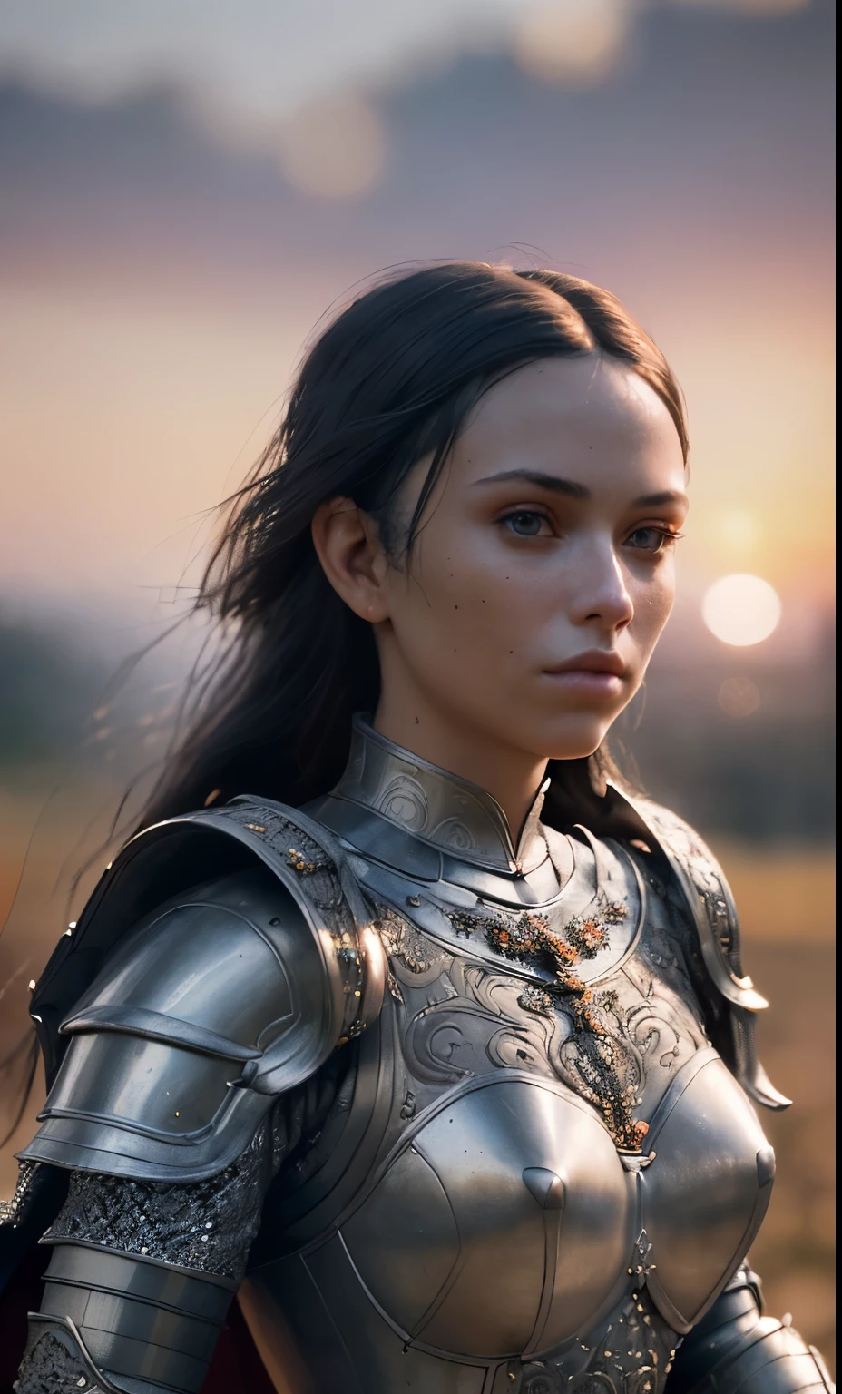 (masterpiece), (extremely intricate:1.3), (realistic), portrait of a girl, the most beautiful in the world, (medieval armor), metal reflections, upper body, outdoors, intense sunlight, far away castle, professional photograph of a stunning woman detailed, sharp focus, dramatic, award winning, cinematic lighting, octane render unreal engine, volumetrics dtx, (film grain, blurry background, blurry foreground, bokeh, depth of field, sunset, motion blur:1.3), chainmail