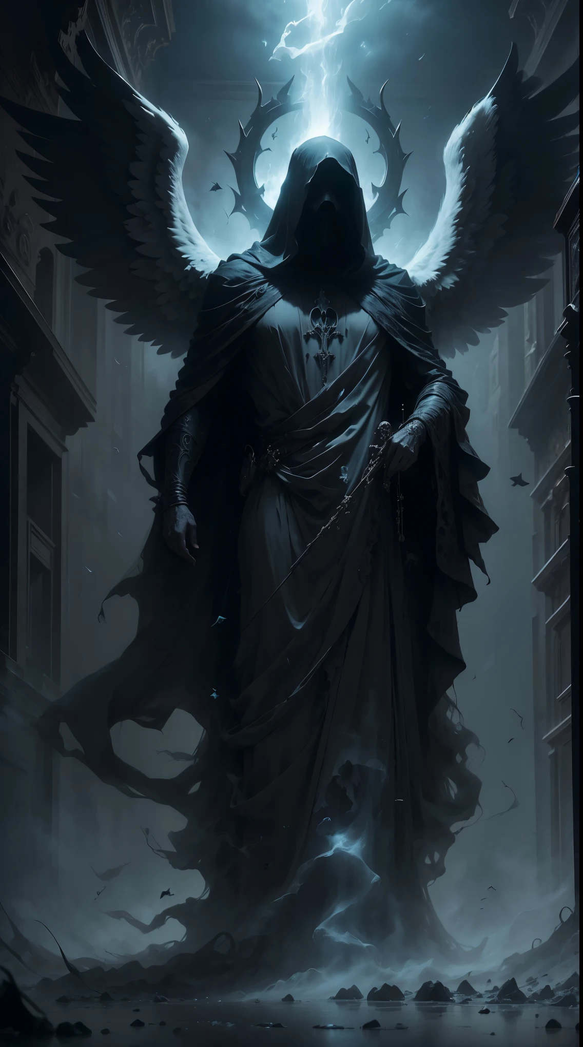 Striking illustration of the Angel of Death., A mysterious and ethereal figure who guards the threshold between life and death.. His presence is enigmatic and powerful...., con alas inmensas que se extienden hacia el horizonte y una mirada penetrante que transmite serenidad y temor. He uses cool tones and deep shadows to emphasize his ethereal nature and his connection to the realm of death......(dark lighting), ( ethereal lighting),(Spectral illumination)