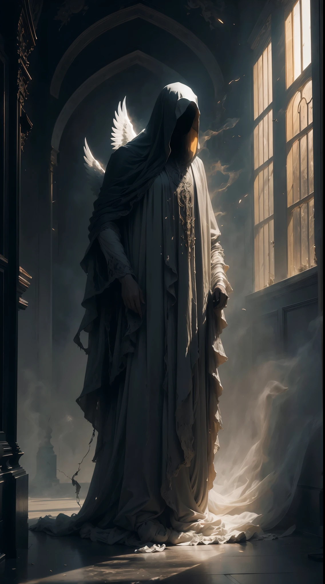 Striking illustration of the Angel of Death., A mysterious and ethereal figure who guards the threshold between life and death.. His presence is enigmatic and powerful...., con alas inmensas que se extienden hacia el horizonte y una mirada penetrante que transmite serenidad y temor. He uses cool tones and deep shadows to emphasize his ethereal nature and his connection to the realm of death......(dark lighting), ( ethereal lighting),(Spectral illumination)