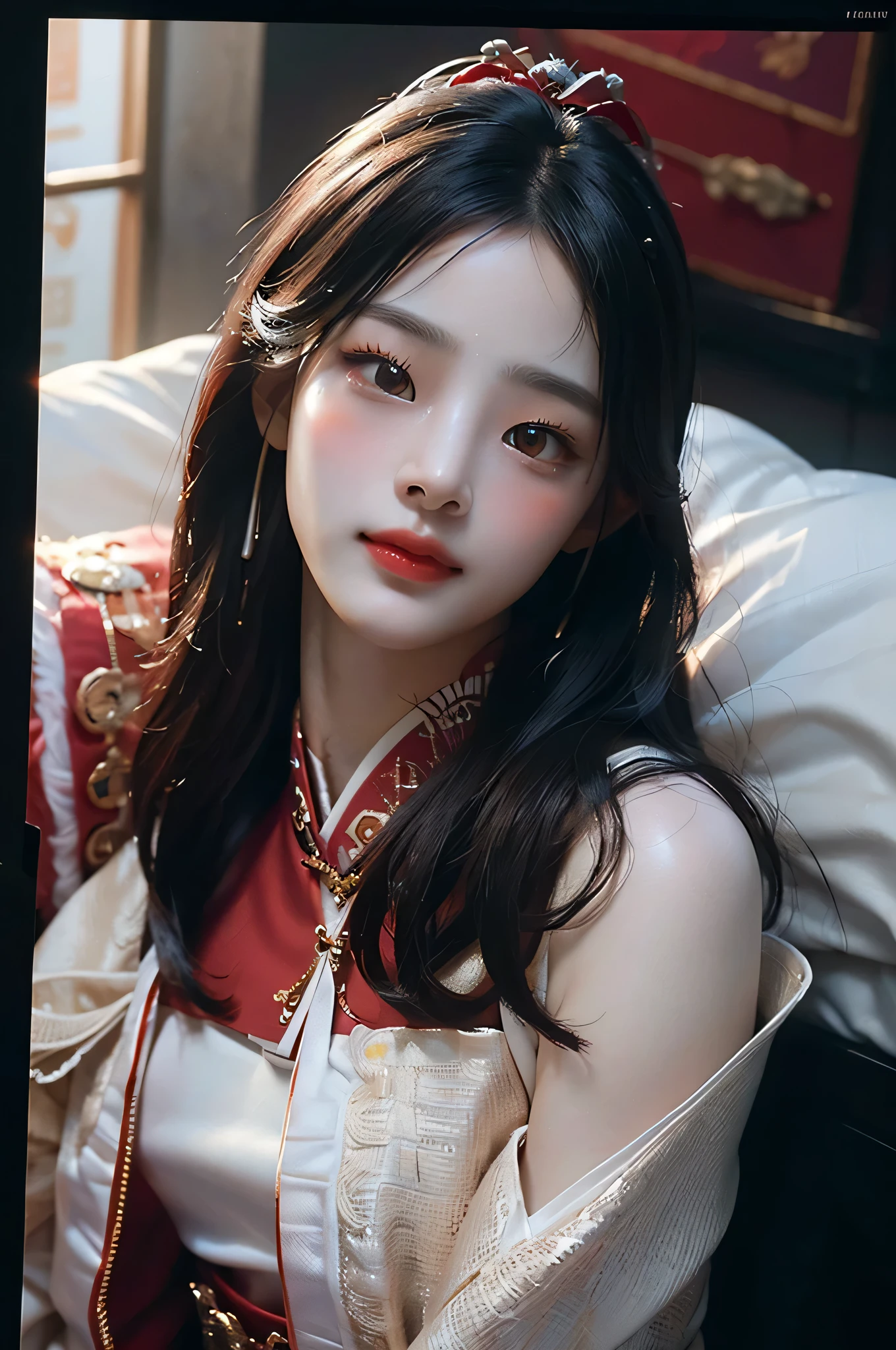 (highest image quality), (masterpiece), (vibrant, photography realistic, Realistic, Dramatic, Dark, Sharp focus, 8K), Close up Face, Highly detailed face and skin texture, wearing red korean king traditional outfit, ethereal beauty, mature asian woman,black long hair, make up, sexy smile, nsfw ,Close up shot, ((backlight))