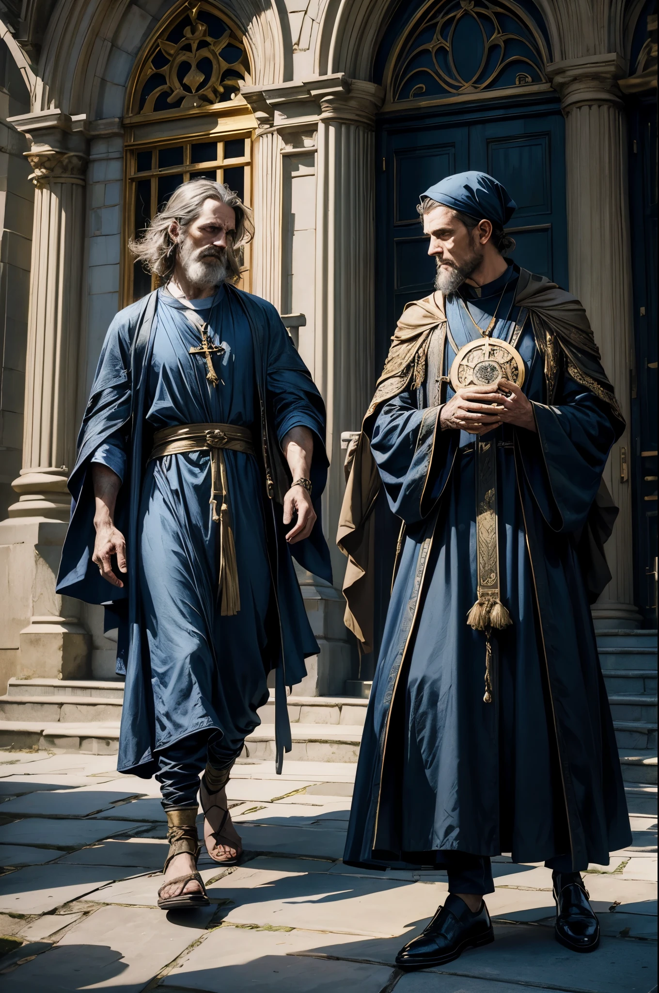In the image of the five Pentacles Tarot card, we see two beggar men walking past the church. They're both wearing ragged robes. They look tired and unhappy. 5 pentacles above them, stylized in blue and gold tones, full HD, hyperrealistic, of the best quality