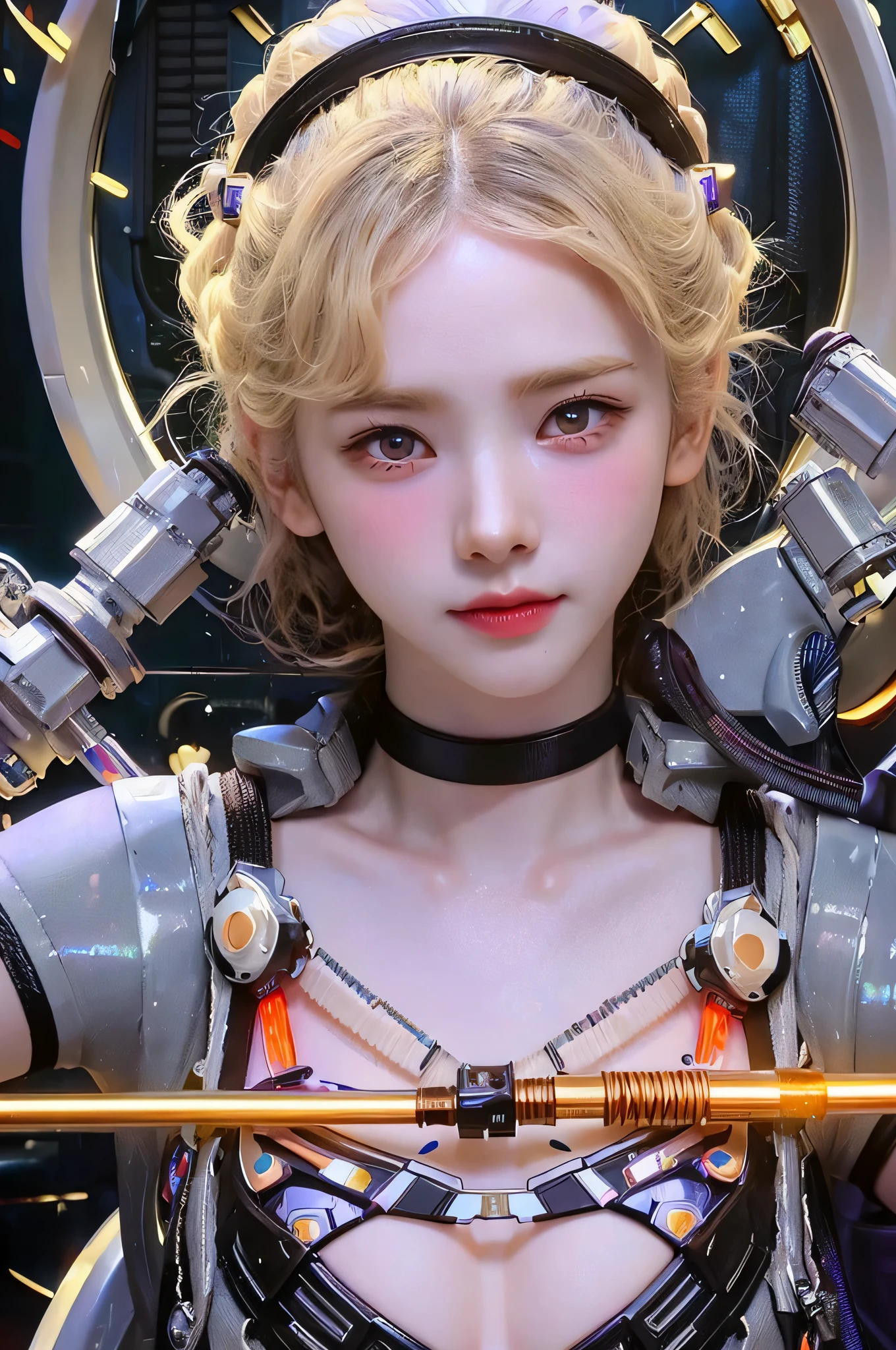 Top Quality, Masterpiece, Ultra High Resolution, (Photorealistic: 1.4), Raw Photo, 1 Girl, Blonde Hair, Glossy Skin, 1 Mechanical Girl, (Ultra Realistic Detail)), Portrait, Global Illumination, Shadows, Octane Rendering, 8K, Ultra Sharp, Big, Cleavage Exposed Raw Skin, Metal, Intricate Ornament Details, Korea Details, Very intricate details, realistic light, CGSoation trend, purple eyes, glowing eyes, facing the camera, neon details, mechanical limbs, blood vessels connected to the tube, mechanical vertebrae attached to the back, mechanical cervical attachment to the neck, sitting, wires and cables connecting to the head, gundam, small LED lamps, pet viewers
