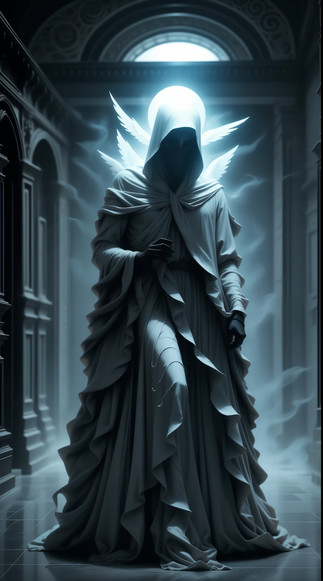 Striking illustration of the Angel of Death., A mysterious and ethereal figure who guards the threshold between life and death.. His presence is enigmatic and powerful...., con alas inmensas que se extienden hacia el horizonte y una mirada penetrante que transmite serenidad y temor. He uses cool tones and deep shadows to emphasize his ethereal nature and his connection to the realm of death......(dark lighting), ( ethereal lighting),(Spectral illumination)