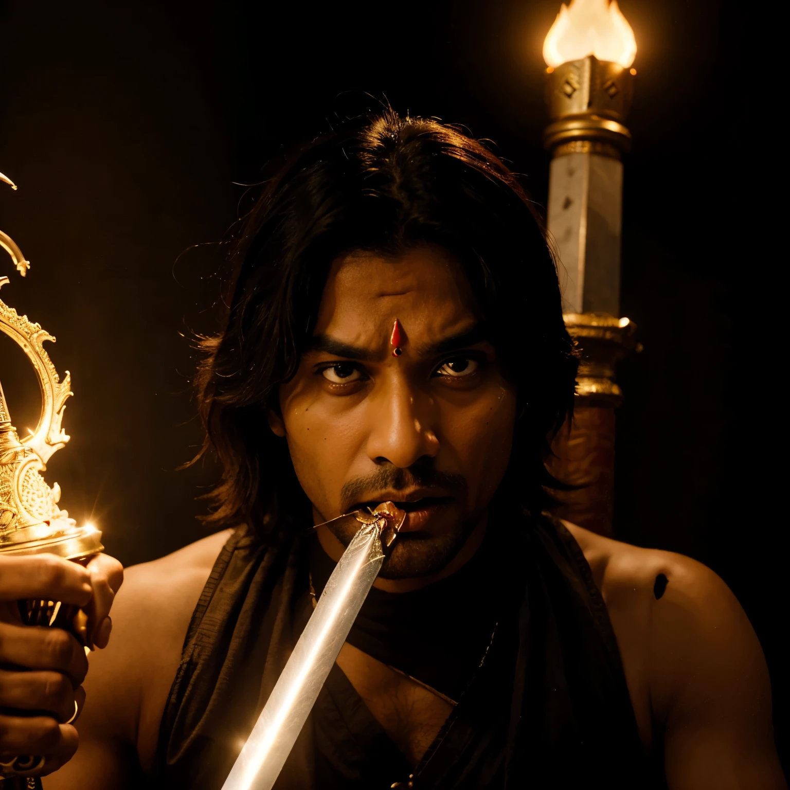 An Indian king with a glowing sword and anger in his face