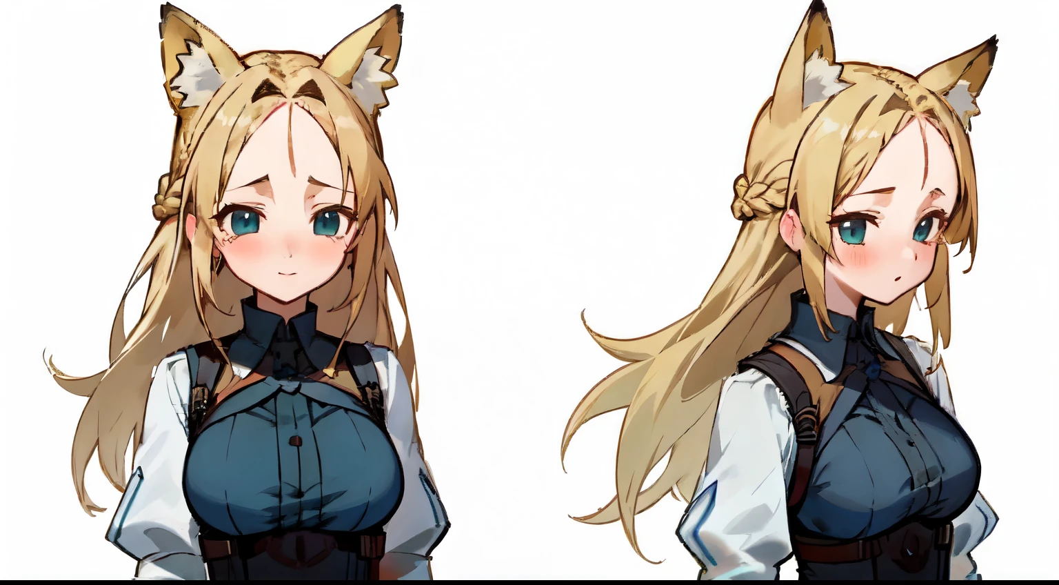 masterpiece: 1.6, highest quality: 1.4, live video: 1.2, intricate details: 1.2, ++, 1 girl, alone, ((blonde)), long hair, french braid, single ~ sidelock, Forehead: 1.5, fox ears, deep blue eyes, bright eyes, big breasts, green adventurer clothes, light clothing, pochette, ++, whole body, Upper body shot, multiple views, front, return, ~ side, Performance, ((Character setting material collection, Same character in different poses, character reversal, multiple views)), (transparent returnground, gray returnground:1.2), arms behind return, Upper body, portrait, Happy, Are crying, cold, neutral