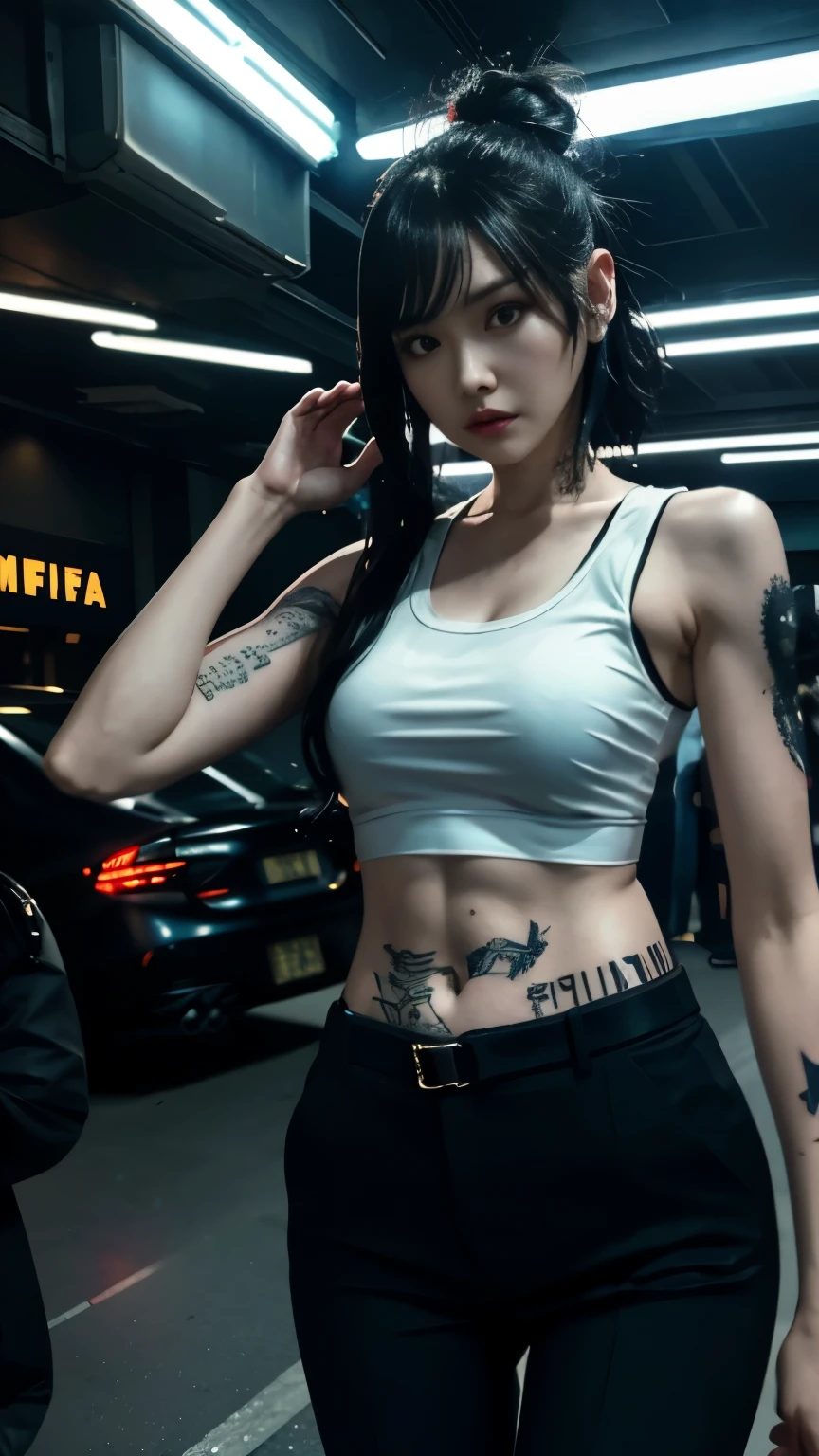 (highest quality)，masterpiece，Super detailed，8K, UHD，Beautiful woman，japanese woman，No expression，whole body，((tattoo))，slim，black slacks，white tank top，(female mafia)，gangster，(cyberpunk city)，night，cinematic lightening，underworld