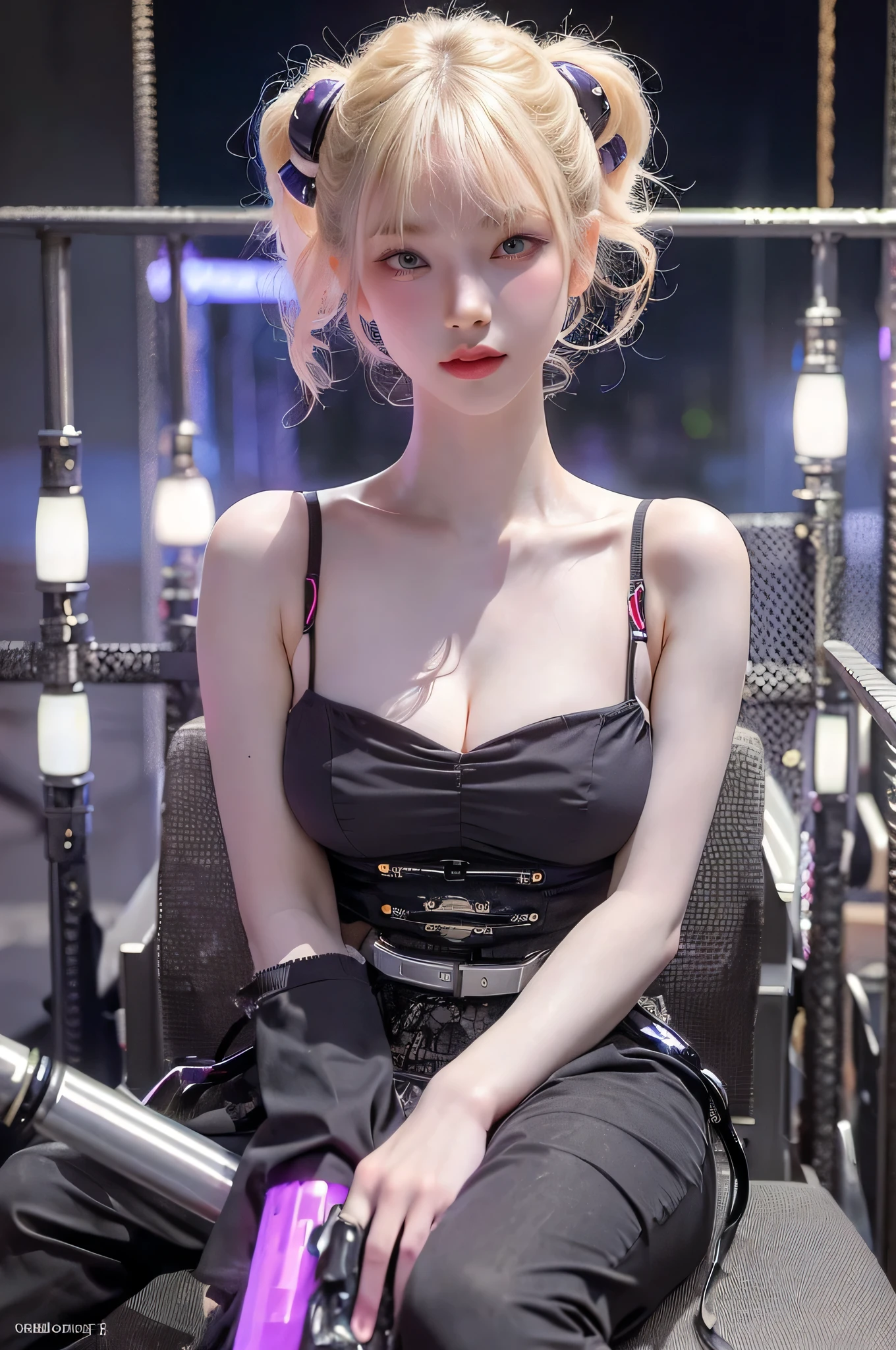 Top Quality, Masterpiece, Ultra High Resolution, (Photorealistic: 1.4), Raw Photo, 1 Girl, Blonde Hair, Glossy Skin, 1 Mechanical Girl, (Ultra Realistic Detail)), Portrait, Global Illumination, Shadows, Octane Rendering, 8K, Ultra Sharp, Big, Cleavage Exposed Raw Skin, Metal, Intricate Ornament Details, Korea Details, Very intricate details, realistic light, CGSoation trend, purple eyes, glowing eyes, facing the camera, neon details, mechanical limbs, blood vessels connected to the tube, mechanical vertebrae attached to the back, mechanical cervical attachment to the neck, sitting, wires and cables connecting to the head, gundam, small LED lamps, pet viewers