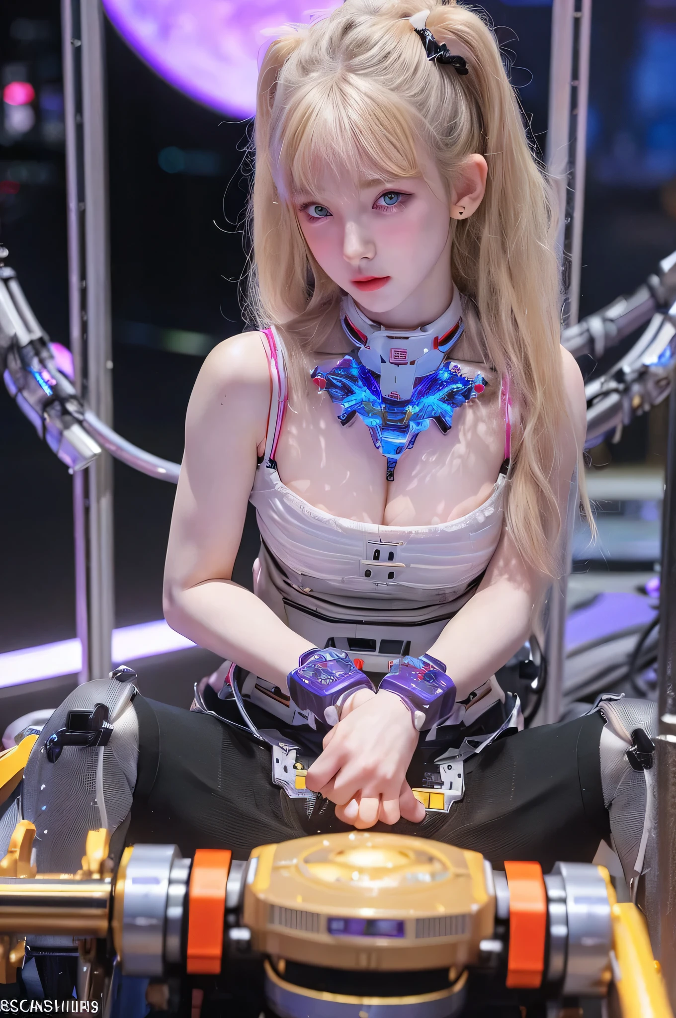 Top Quality, Masterpiece, Ultra High Resolution, (Photorealistic: 1.4), Raw Photo, 1 Girl, Blonde Hair, Glossy Skin, 1 Mechanical Girl, (Ultra Realistic Detail)), Portrait, Global Illumination, Shadows, Octane Rendering, 8K, Ultra Sharp, Big, Cleavage Exposed Raw Skin, Metal, Intricate Ornament Details, Korea Details, Very intricate details, realistic light, CGSoation trend, purple eyes, glowing eyes, facing the camera, neon details, mechanical limbs, blood vessels connected to the tube, mechanical vertebrae attached to the back, mechanical cervical attachment to the neck, sitting, wires and cables connecting to the head, gundam, small LED lamps, pet viewers