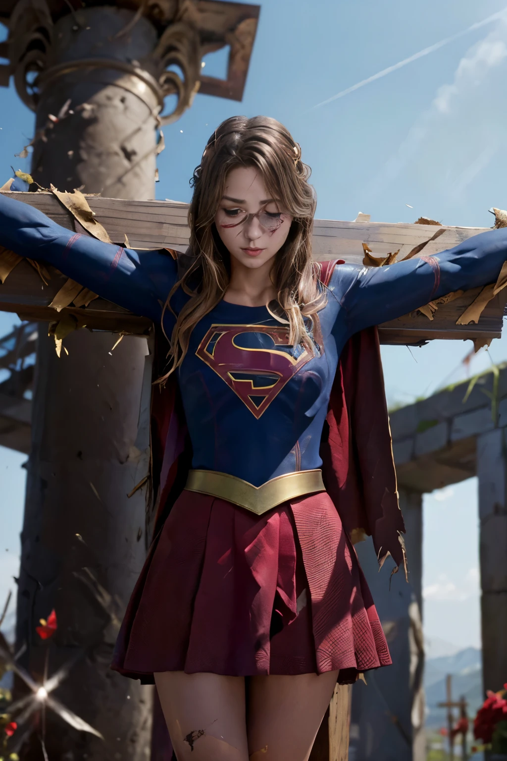 highest quality,masterpiece,UHD, Super detailed, 8K,(Beautiful woman),一人のBeautiful woman,((crucifixion)),(cross),(execution),((incontinence)),scared,torture,slave,((crossにcrucifixionにされた女性:1.5)),crucifixion刑,(supergirl),red skirt,((torn costume:1.3)),(tattered clothes),((Bruises on face and body:1.2)),Defeated heroine