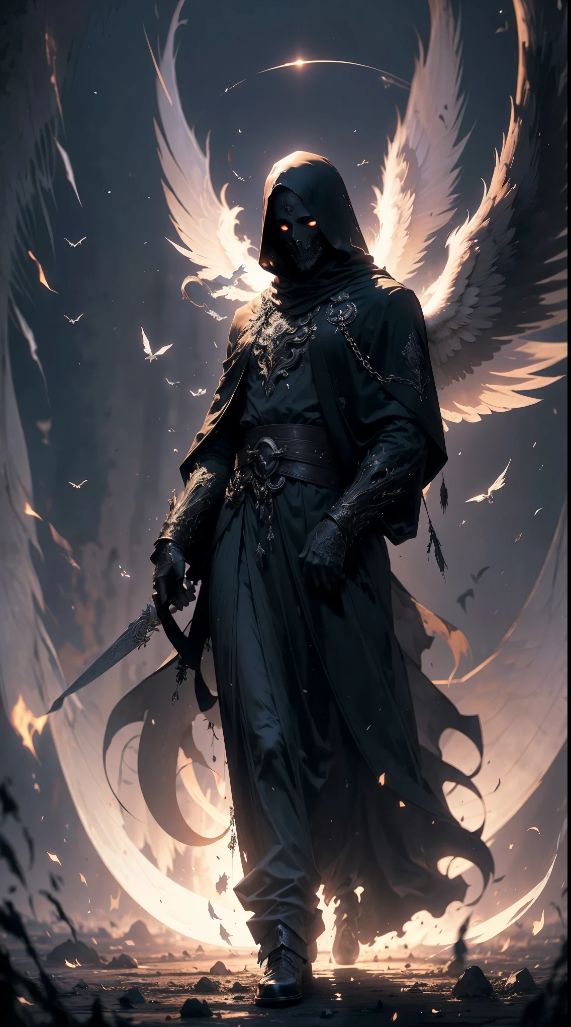 Striking illustration of the Angel of Death., A mysterious and ethereal figure who guards the threshold between life and death.. His presence is enigmatic and powerful...., con alas inmensas que se extienden hacia el horizonte y una mirada penetrante que transmite serenidad y temor. He uses cool tones and deep shadows to emphasize his ethereal nature and his connection to the realm of death......(dark lighting), ( ethereal lighting),(Spectral illumination)