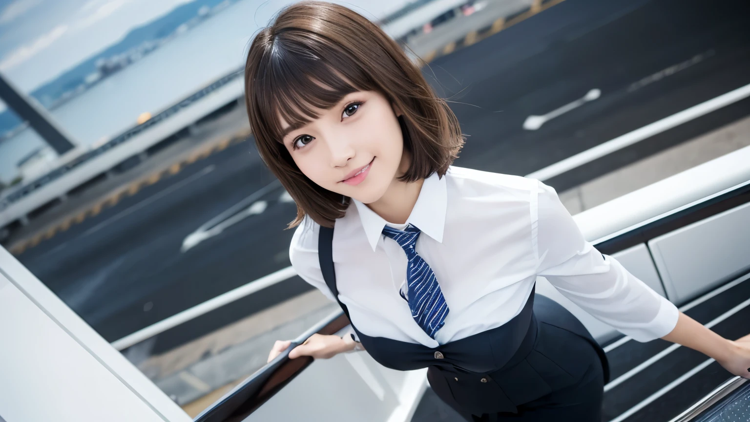 (masterpiece:1.3), high resolution, ultra detailed, extremely detailed CG unity 8k wallpaper, realistic, photo-realistic, RAW photo, beautiful detailed face, pale skin, realistic skin, detailed cloth texture, detailed hair texture, Perfect proportion, Beautiful Face, accurate, Anatomically correct, Highly detailed face and skin texture, natural neck length, (beautiful hands), (fair skin:1.2), Thin legs, Thin feet, Sexy thighs,
BREAK,
Detailed eyes, symmetrical eyes, Light Brown eyes, Double eyelids, Thin eyebrows, (Glossy lips:1.4), (Seductive smile:1.2), ((Cutely winking:1.2)),
BREAK,
(A Classy and Cute girl:1.3), (Wearing a Elegant flight attendant uniform of Japan Air Line:1.2), (Close the Button:0.8),
(large breasts:1.2), (slender figure:1.2), (Beautiful curves),
(Dark brown hair, wavy hair), ((short hair, asymmetrical bangs:1.2)), (Upper body shot:1.2), (looking up with a gaze:1.2), (From above:0.5),
BREAK,
((Running in the Jet bridge with reach out a Business card:1.3)), (Inside the Naha Airport of Okinawa: 1.2),