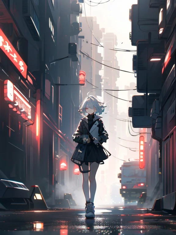 masterpiece, best quality, style of anime, a sense of atmosphere，higher details，cg render，sitting painting，Ray tracing，sci-fi，Award-Awarded，A sense of mystery，Military, (white color hair，Exquisite facial features，1boy, solo, short white hair，hair straight，in cold face，Black hooded sail jacket，A slight mention of Darth Vader，He had a cup of coffee in his hand, sneakers，Non-juveniles)（The background is a military base at night), (front view:1.5), (full body:1.5), more details