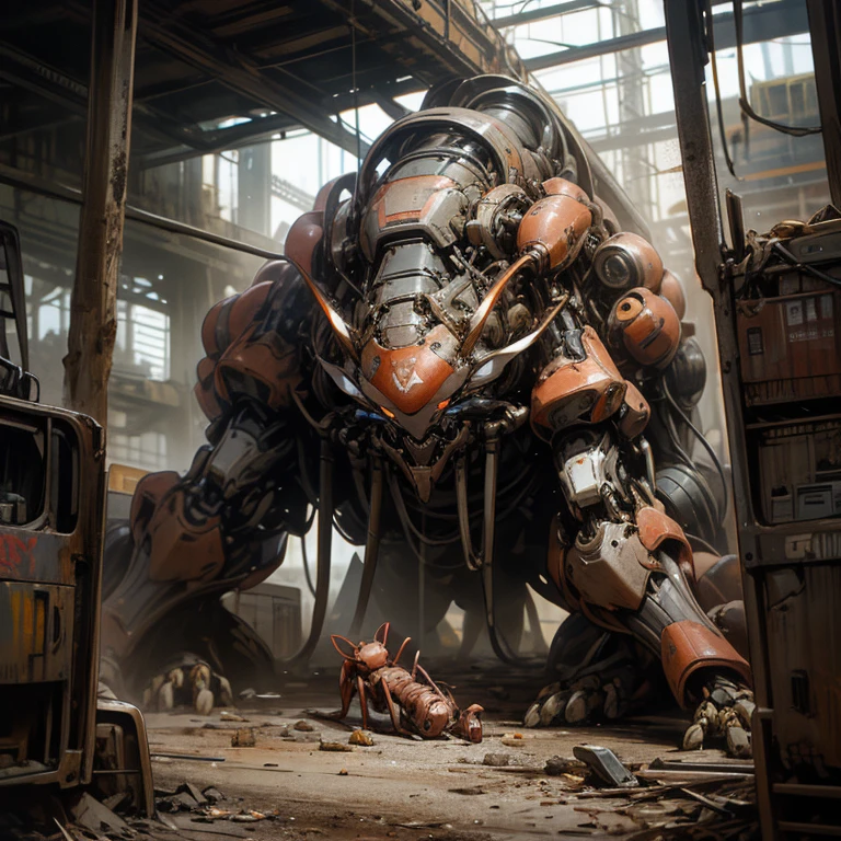 A mechanical ants, crawling, scrappy, covered in dust, rusted,