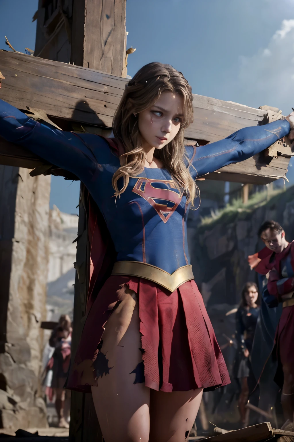 highest quality,masterpiece,UHD, Super detailed, 8K,(Beautiful woman),一人のBeautiful woman,((crucifixion)),(cross),(execution),((incontinence)),scared,torture,slave,((crossにcrucifixionにされた女性:1.5)),crucifixion刑,(supergirl),red skirt,((torn costume:1.3)),(tattered clothes),((Bruises on face and body:1.2)),Defeated heroine