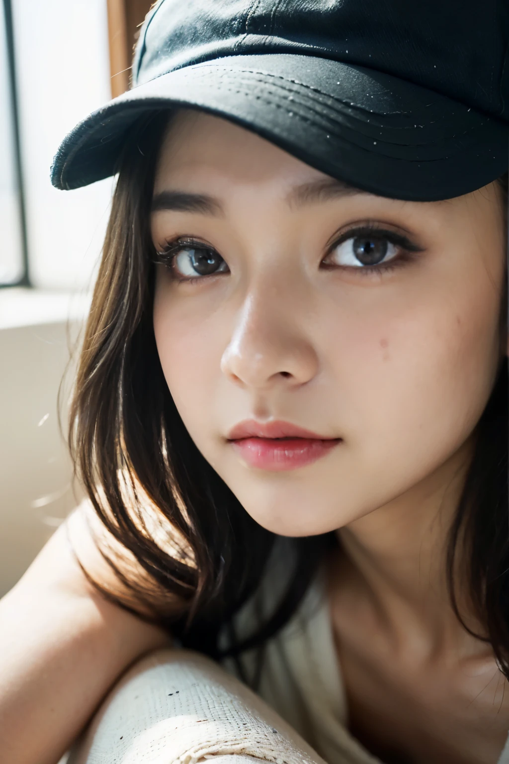 ((Show only the face、close up of face))、(tanktop wear、lie down on the chair、indoor、baseball hat、(bright room)、cute japanese woman、17 years old、high school girl、young girl、warm, beautiful detailed eyes, translucent skin, detail perfect nose, thin sweet lips