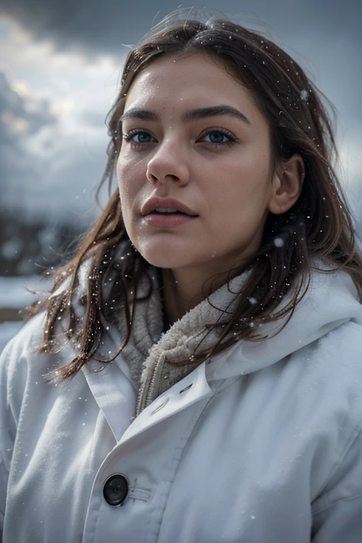 stormy cloudy sky,swirling snowflakes,vivid colors,highres,portrait,masterpiece:1.2,ultra-detailed,expressive emotions,blurred background,cold winter atmosphere,dynamic brush strokes,lush textures,soft natural lighting,howling wind,teary eyes
