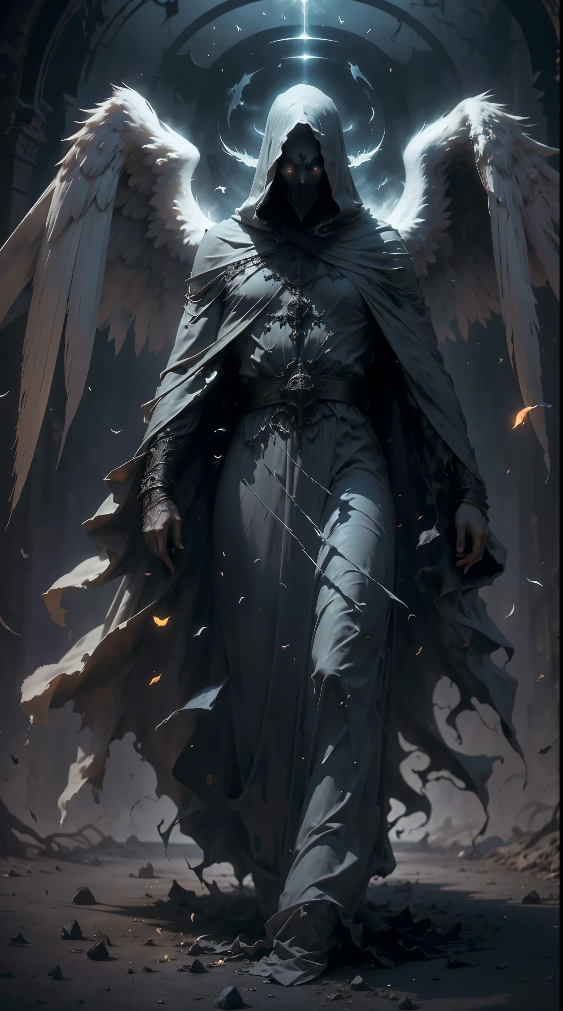 Striking illustration of the Angel of Death., A mysterious and ethereal figure who guards the threshold between life and death.. His presence is enigmatic and powerful...., con alas inmensas que se extienden hacia el horizonte y una mirada penetrante que transmite serenidad y temor. He uses cool tones and deep shadows to emphasize his ethereal nature and his connection to the realm of death......(dark lighting), ( ethereal lighting),(Spectral illumination)