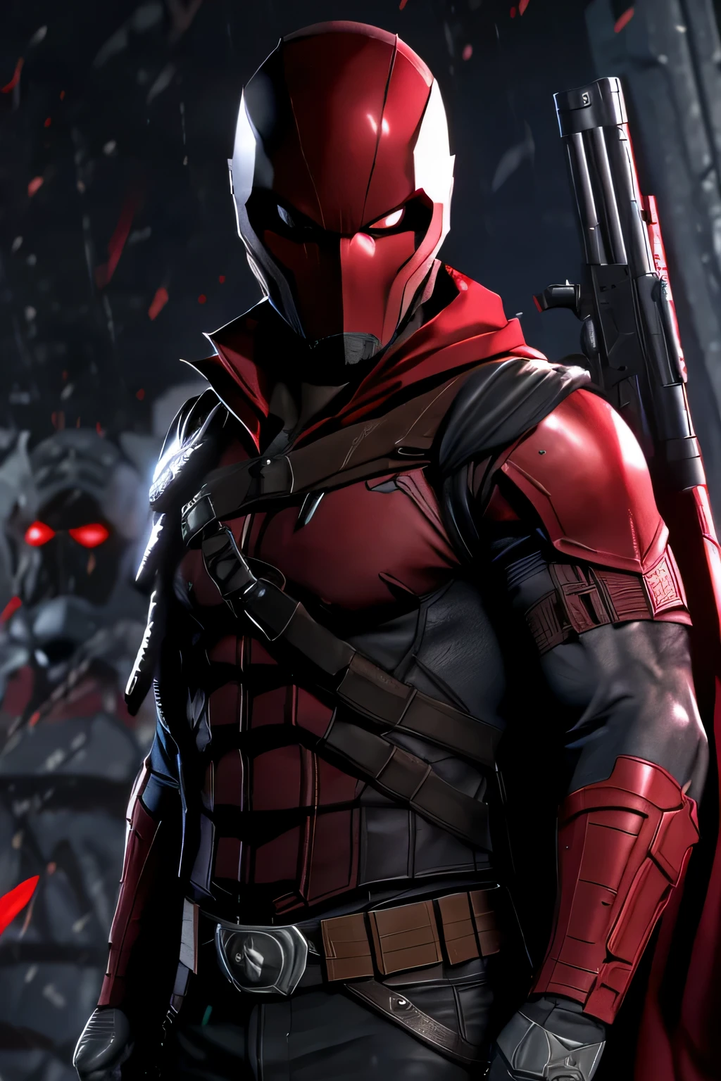 Red Hood from Batman: Arkham Knight, strong man, red helmet, red hood, dark grey open jacket, chest armor, guns