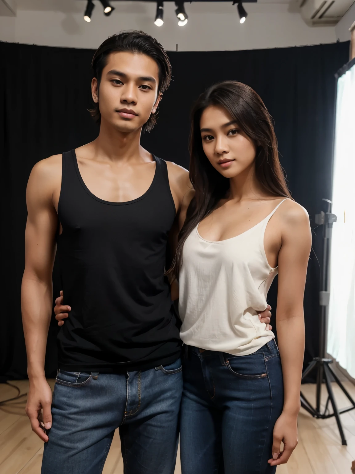 a handsome young Indonesian man with neat hairstyle, men's clothes, shirt and jeans. took a photo together with a beautiful young Indonesian woman with long, wavy shoulder length hair dressed in an elegant black tank top. in a photo studio