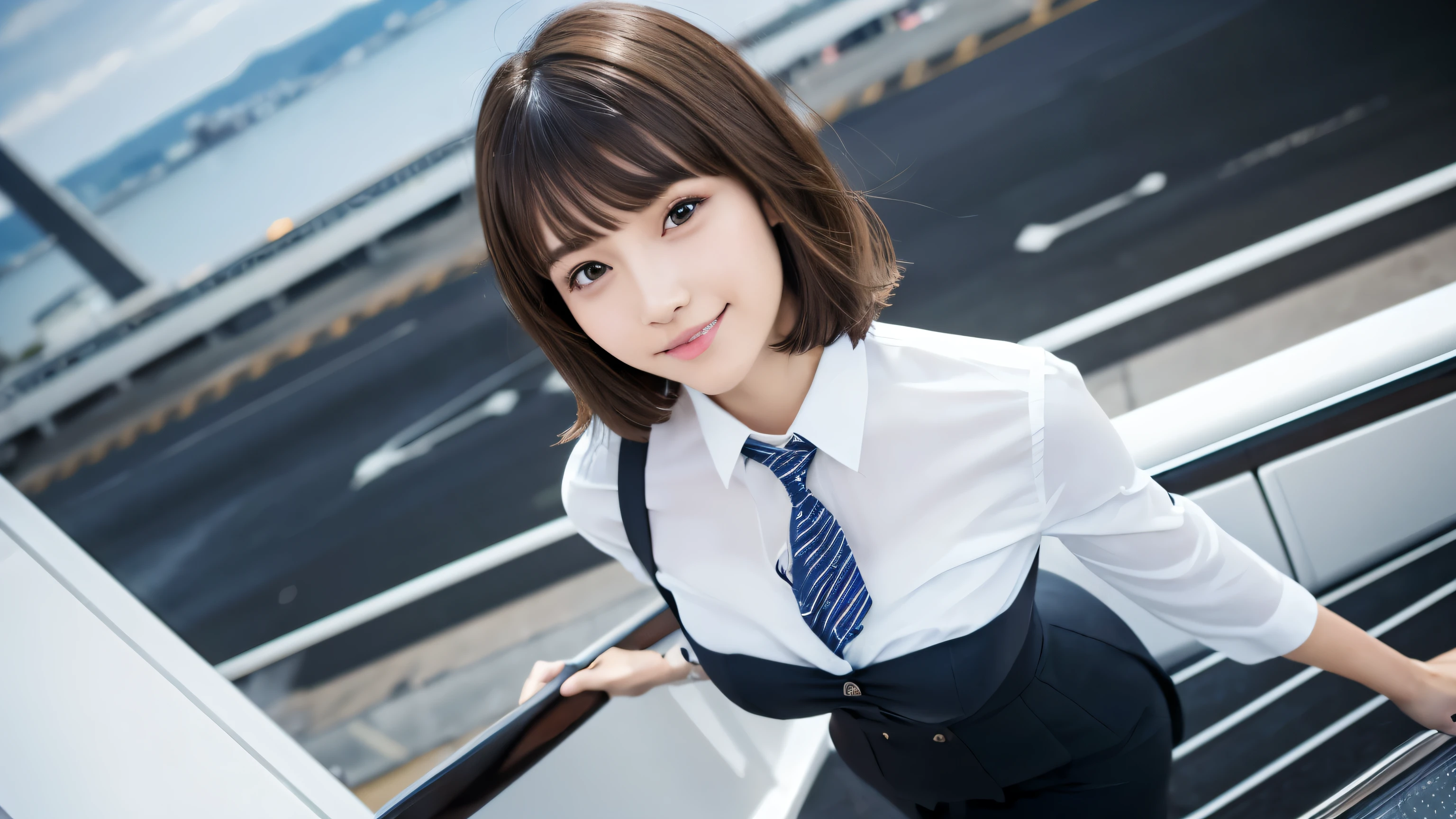 (masterpiece:1.3), high resolution, ultra detailed, extremely detailed CG unity 8k wallpaper, realistic, photo-realistic, RAW photo, beautiful detailed face, pale skin, realistic skin, detailed cloth texture, detailed hair texture, Perfect proportion, Beautiful Face, accurate, Anatomically correct, Highly detailed face and skin texture, natural neck length, (beautiful hands), (fair skin:1.2), Thin legs, Thin feet, Sexy thighs,
BREAK,
Detailed eyes, symmetrical eyes, Light Brown eyes, Double eyelids, Thin eyebrows, (Glossy lips:1.4), (Seductive smile:1.2), ((Cutely winking:1.2)),
BREAK,
(A Classy and Cute girl:1.3), (Wearing a Elegant flight attendant uniform of Japan Air Line:1.2), (Close the Button:0.8),
(large breasts:1.2), (slender figure:1.2), (Beautiful curves),
(Dark brown hair, wavy hair), ((short hair, asymmetrical bangs:1.2)), (Upper body shot:1.2), (looking up with a gaze:1.2), (From above:0.5),
BREAK,
((Running in the Jet bridge with reach out a Business card:1.3)), (Inside the Naha Airport of Okinawa: 1.2),