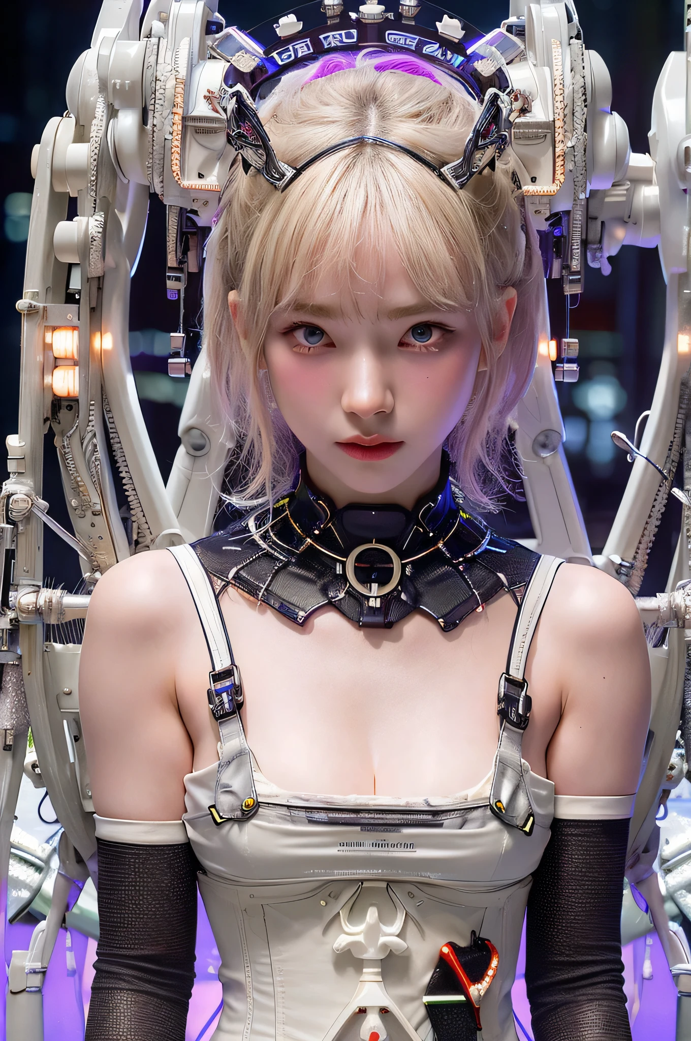 Top Quality, Masterpiece, Ultra High Resolution, (Photorealistic: 1.4), Raw Photo, 1 Girl, Blonde Hair, Glossy Skin, 1 Mechanical Girl, (Ultra Realistic Detail)), Portrait, Global Illumination, Shadows, Octane Rendering, 8K, Ultra Sharp, Big, Cleavage Exposed Raw Skin, Metal, Intricate Ornament Details, Korea Details, Very intricate details, realistic light, CGSoation trend, purple eyes, glowing eyes, facing the camera, neon details, mechanical limbs, blood vessels connected to the tube, mechanical vertebrae attached to the back, mechanical cervical attachment to the neck, sitting, wires and cables connecting to the head, gundam, small LED lamps, pet viewers