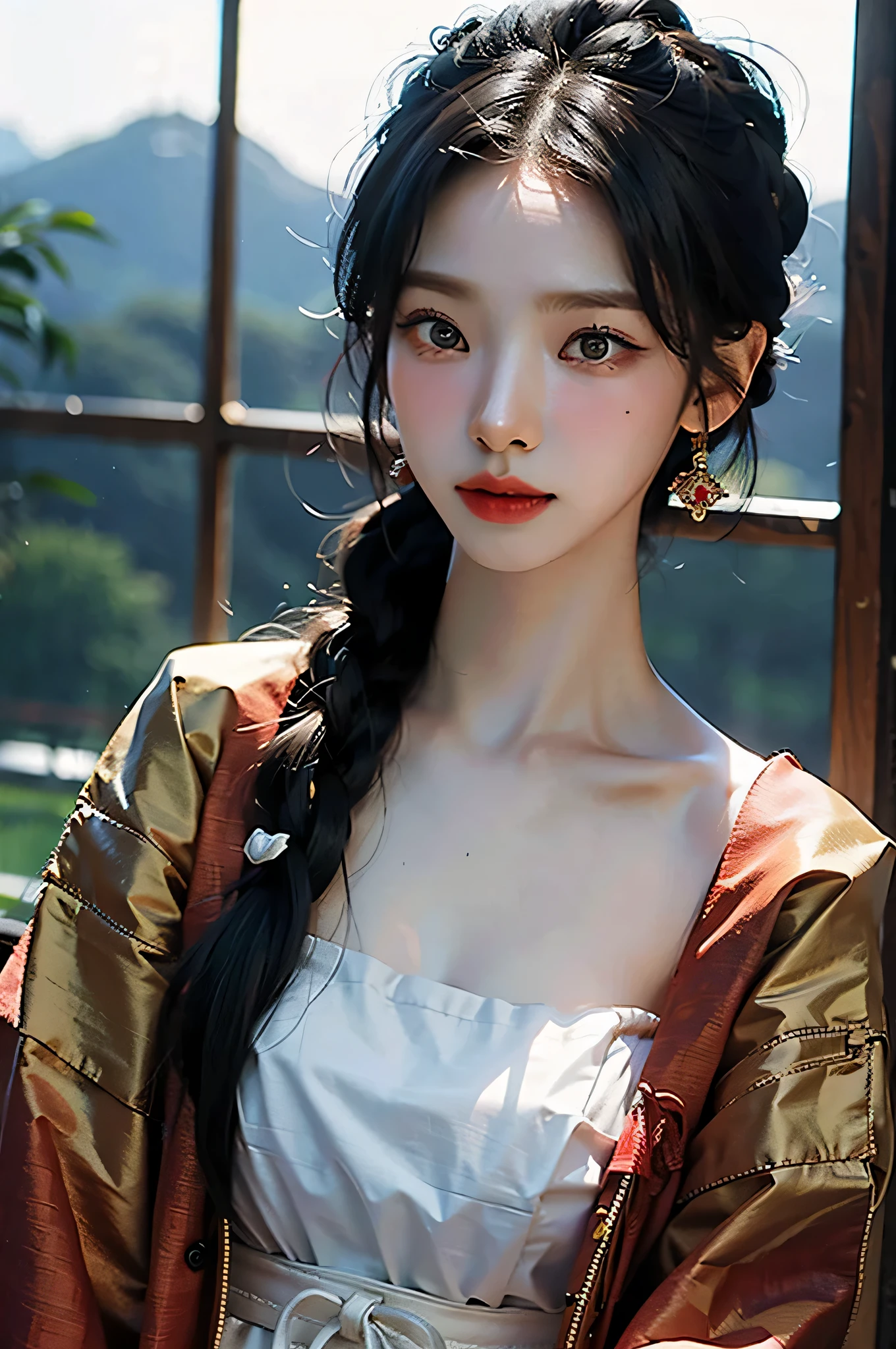 (highest image quality), (masterpiece), (vibrant, photography realistic, Realistic, Dramatic, Dark, Sharp focus, 8K), Close up Face, Highly detailed face and skin texture, wearing red korean king traditional outfit, ethereal beauty, mature asian woman,black long hair, make up, sexy smile, nsfw ,Close up shot, ((backlight))