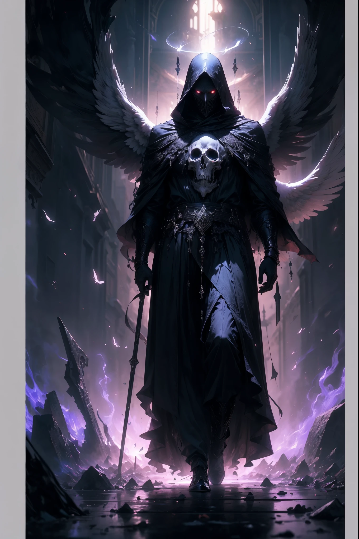 Striking illustration of the Angel of Death., A mysterious and ethereal figure who guards the threshold between life and death.. His presence is enigmatic and powerful...., con alas inmensas que se extienden hacia el horizonte y una mirada penetrante que transmite serenidad y temor. He uses cool tones and deep shadows to emphasize his ethereal nature and his connection to the realm of death......(dark lighting), ( ethereal lighting),(Spectral illumination)