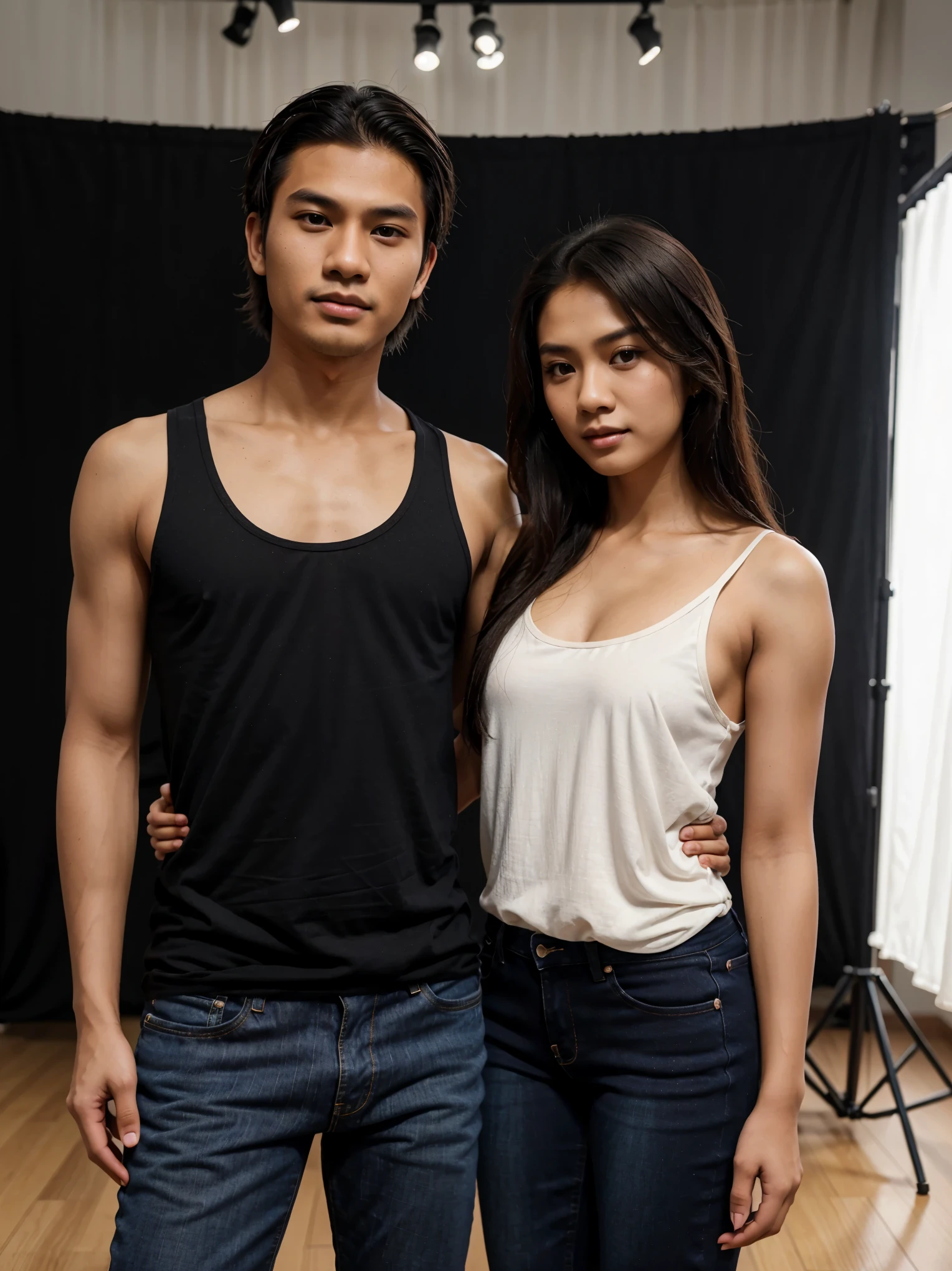 a handsome young Indonesian man with neat hairstyle, men's clothes, shirt and jeans. took a photo together with a beautiful young Indonesian woman with long, wavy shoulder length hair dressed in an elegant black tank top. in a photo studio