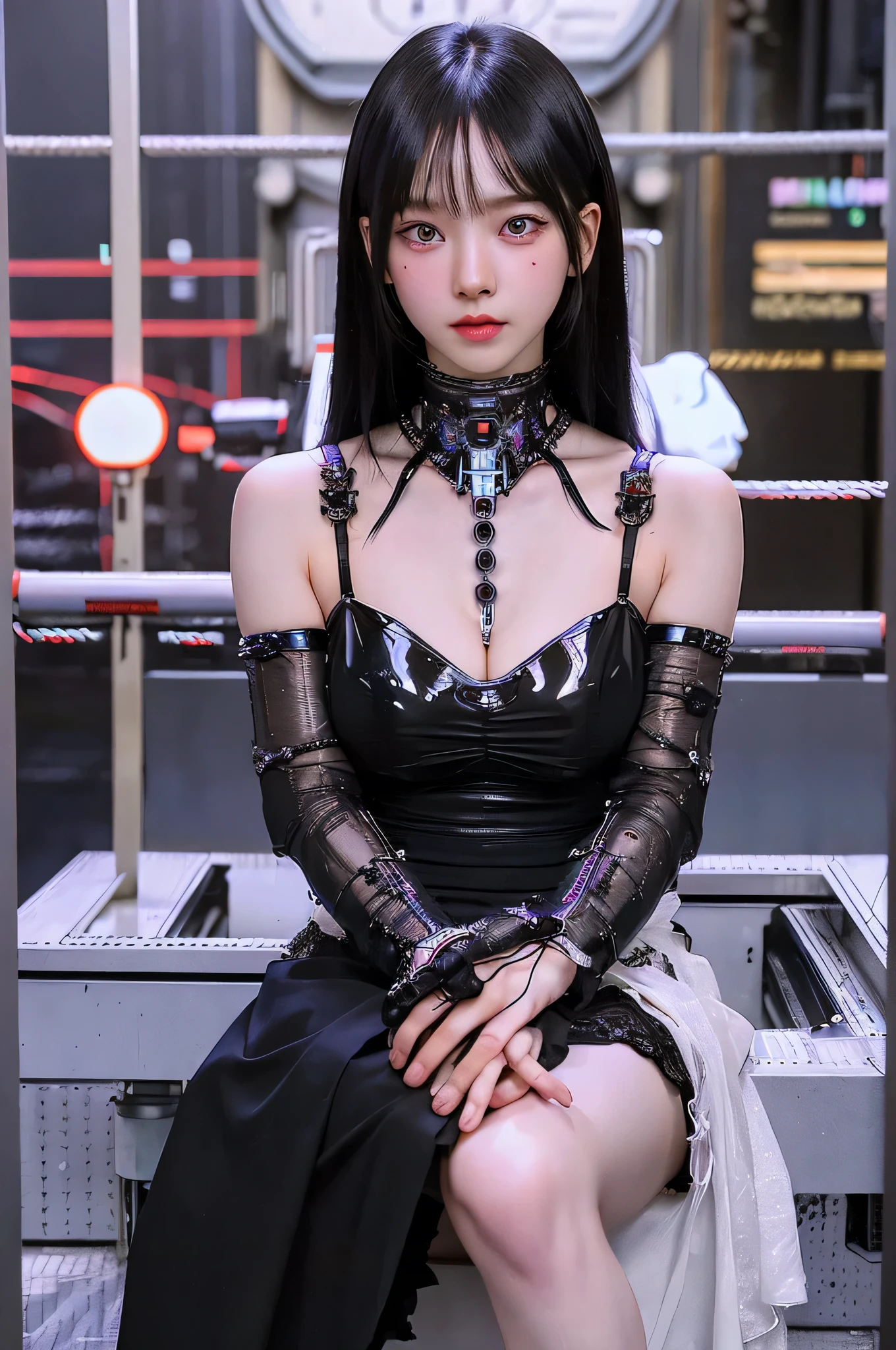 Top Quality, Masterpiece, Ultra High Resolution, (Photorealistic: 1.4), Raw Photo, 1 Girl, Black Hair, Glossy Skin, 1 Mechanical Girl, (Ultra Realistic Detail)), Portrait, Global Illumination, Shadows, Octane Rendering, 8K, Ultra Sharp, Big, Cleavage Exposed Raw Skin, Metal, Intricate Ornament Details, Korea Details, Very intricate details, realistic light, CGSoation trend, purple eyes, glowing eyes, facing the camera, neon details, mechanical limbs, blood vessels connected to the tube, mechanical vertebrae attached to the back, mechanical cervical attachment to the neck, sitting, wires and cables connecting to the head, gundam, small LED lamps, pet viewers