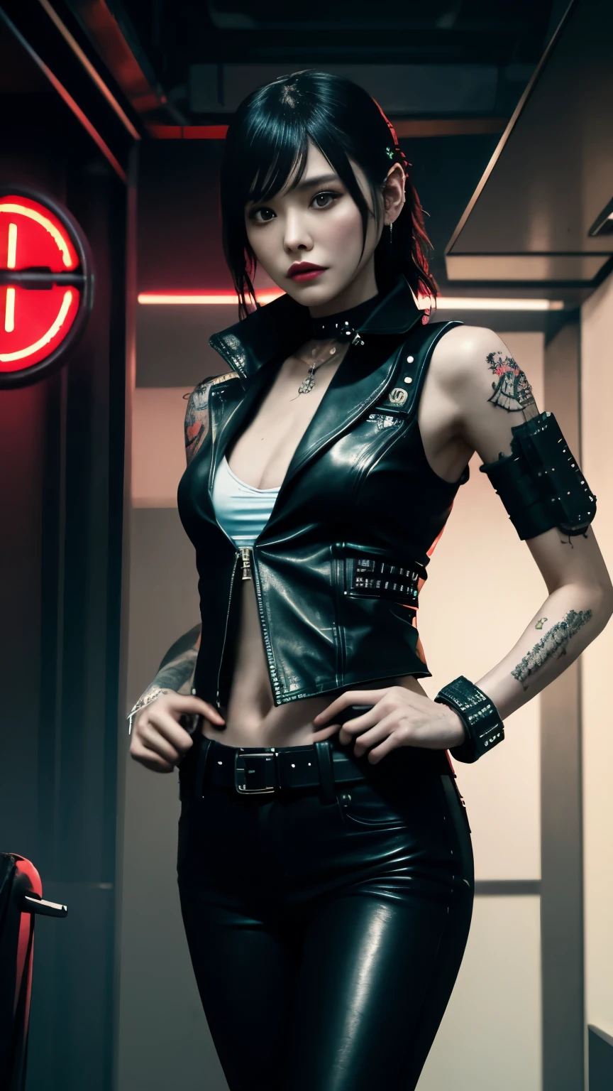 (highest quality)，masterpiece，Super detailed，8K, UHD，Beautiful woman，japanese woman，No expression，whole body，((tattoo))，slim，black leather pants，black leather vest，(female mafia)，gangster，(cyberpunk city)，night，cinematic lightening，underworld